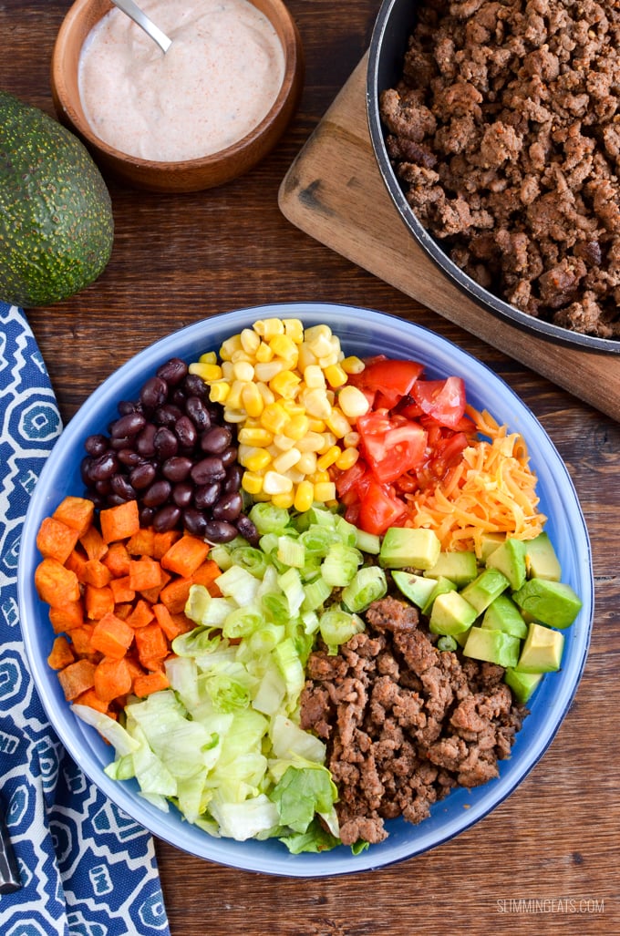 Love Tacos? Dig into this ultimate Taco Salad Bowl which is gluten free, Slimming Eats and Weight Watchers friendly #slimmingeats #weightwatchers #beef #tacosalad