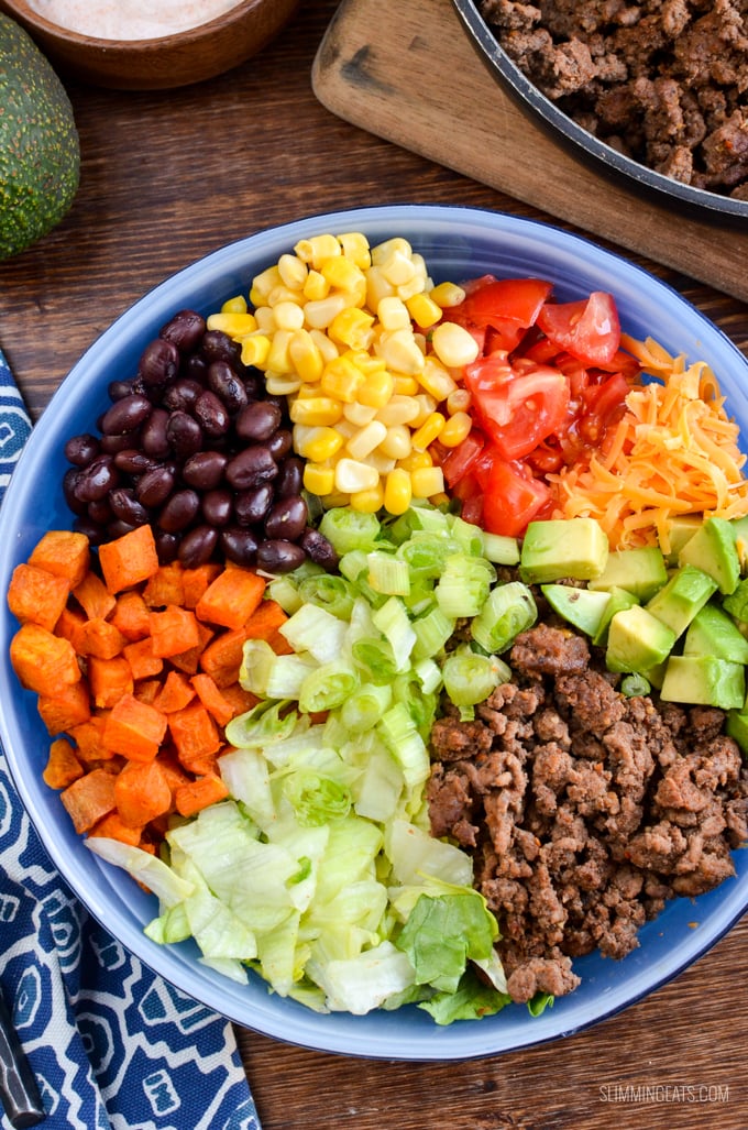 Love Tacos? Dig into this ultimate Taco Salad Bowl which is gluten free, Slimming Eats and Weight Watchers friendly #slimmingeats #weightwatchers #beef #tacosalad