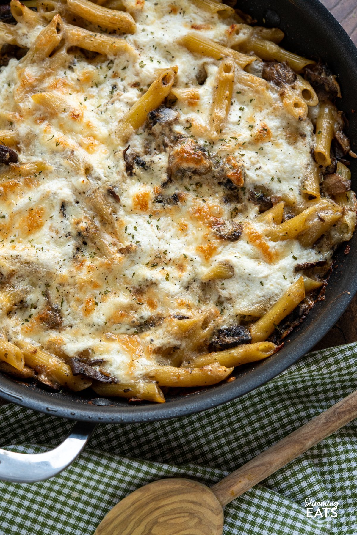 close up of Baked Garlic Mushroom and Ricotta Pasta in frying pan