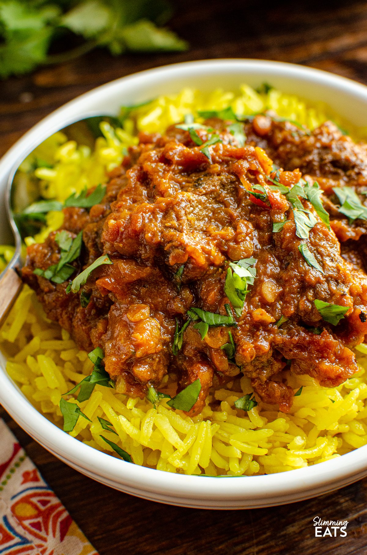 close up of Beef Dhansak in white bowl with pilau rice and scatter coriander