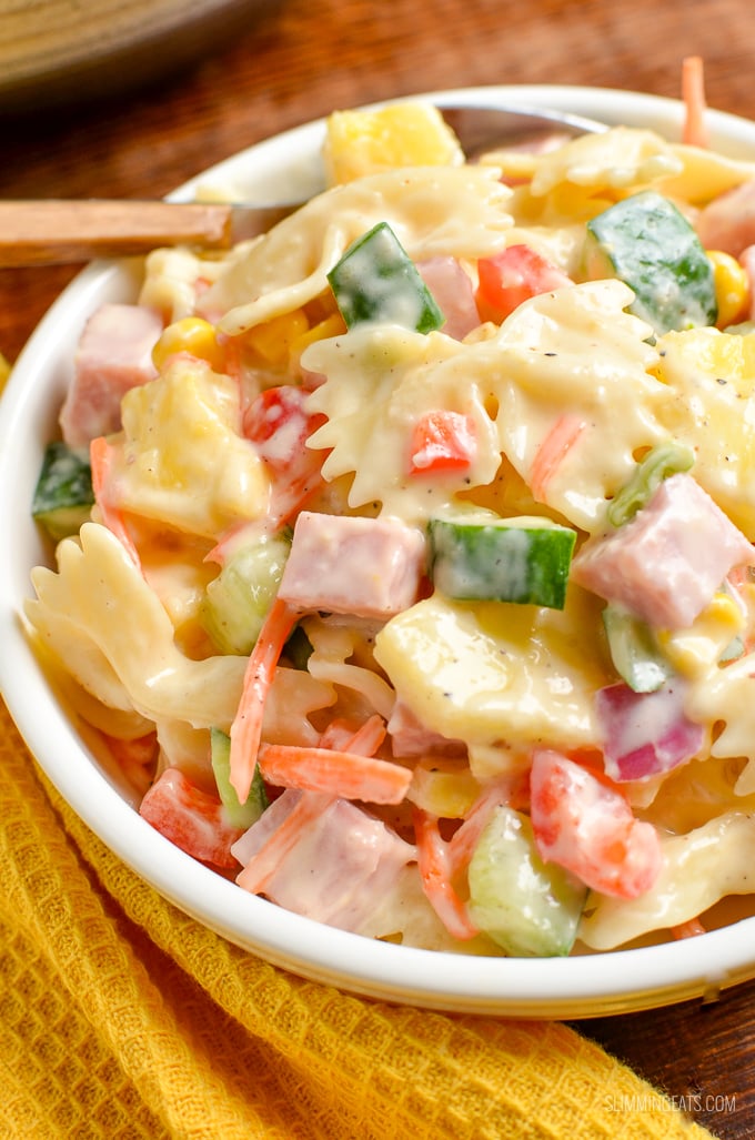 This easy delicious Hawaiian Pasta Salad is the perfect dish for barbecues, picnics and lunches | Slimming Eats and Weight Watchers friendly