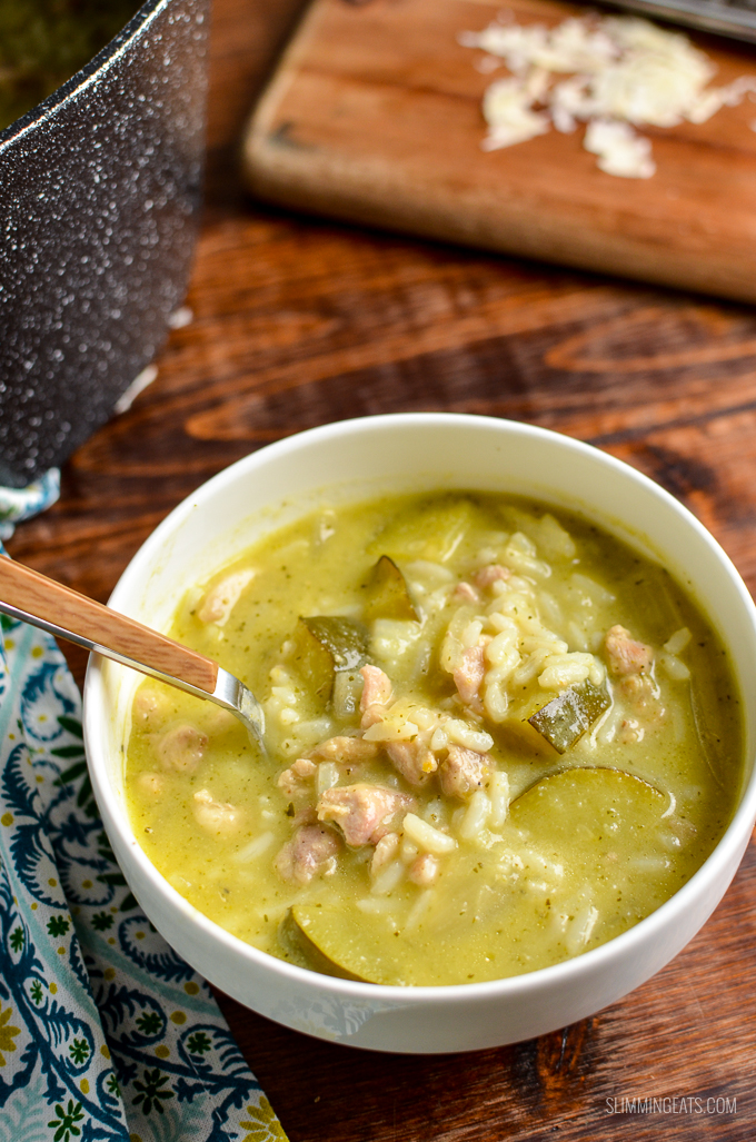 Complete meal in a bowl with the delicious Syn Free Lemony Chicken Zucchini Rice Soup | gluten free, dairy free, Slimming World and Weight Watchers friendly 