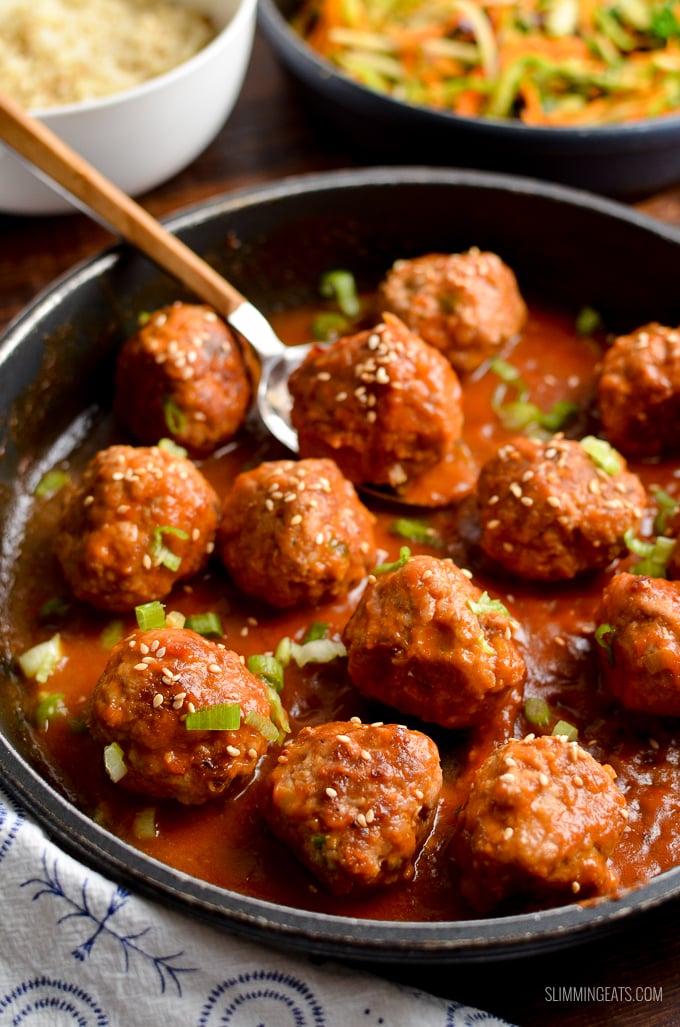 Delicious Low Syn Pork Meatballs with Spicy Pineapple Sauce - easy quick and a perfect meal for the whole family. | gluten free, dairy free, paleo, Whole30, Slimming World and Weight Watchers friendly