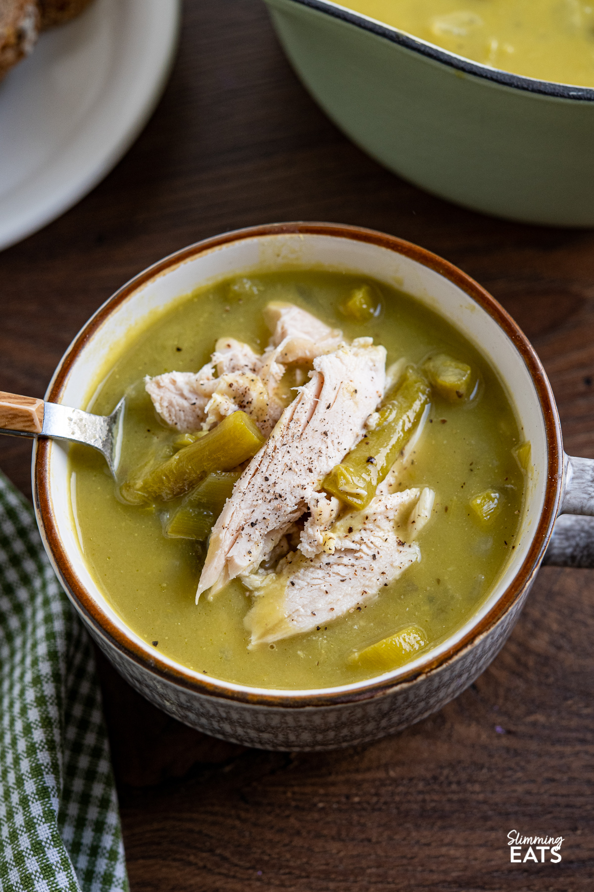 Asparagus Soup with cooked chicken in a brown and white soup cup with a spoon placed in cup