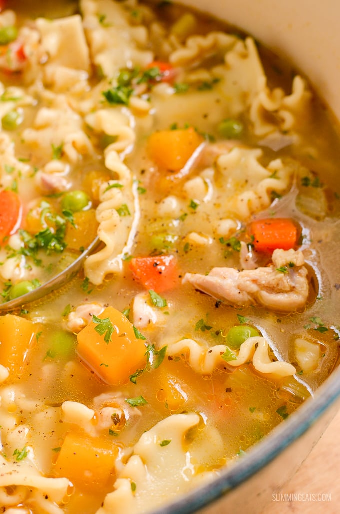 close up of Chicken Vegetable Pasta Soup in Dutch Oven Pot