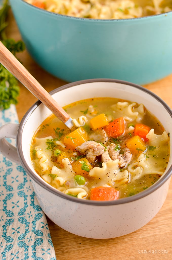 Chicken Vegetable Pasta Soup in Soup Mug with spoon