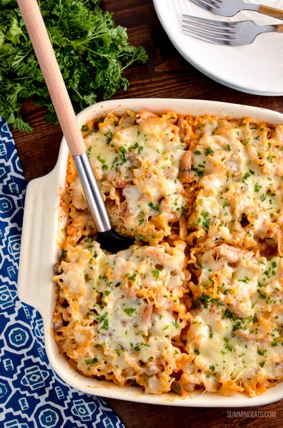 Creamy Chicken Mushroom Tomato Pasta Bake Slimming Eats