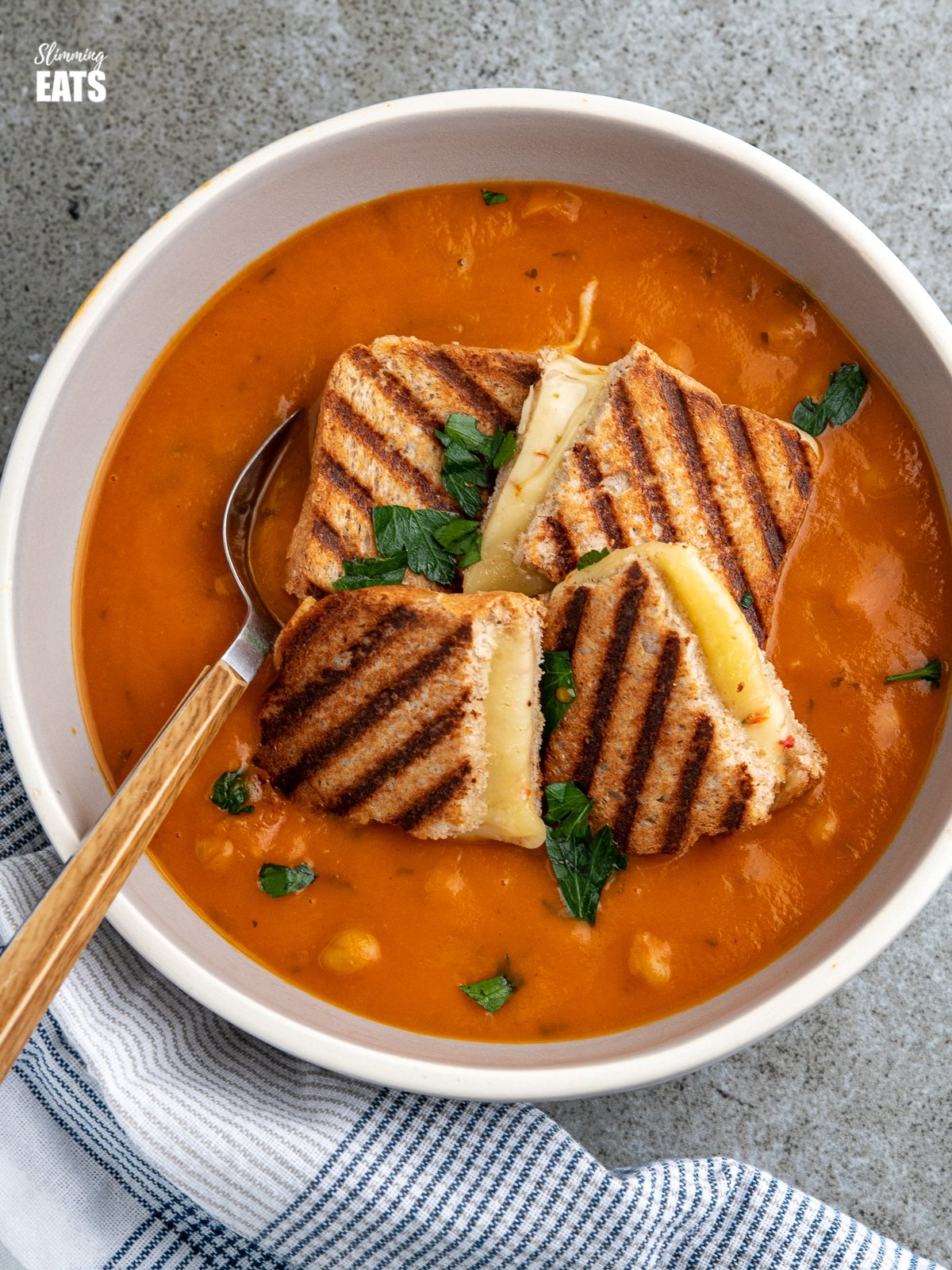 grilled cheese sandwich quarters placed in a  grey bowl of tomato and chickpea soup