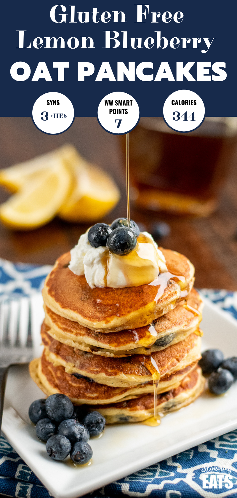 lemon blueberry oat pancakes being drizzled with maple syrup pin