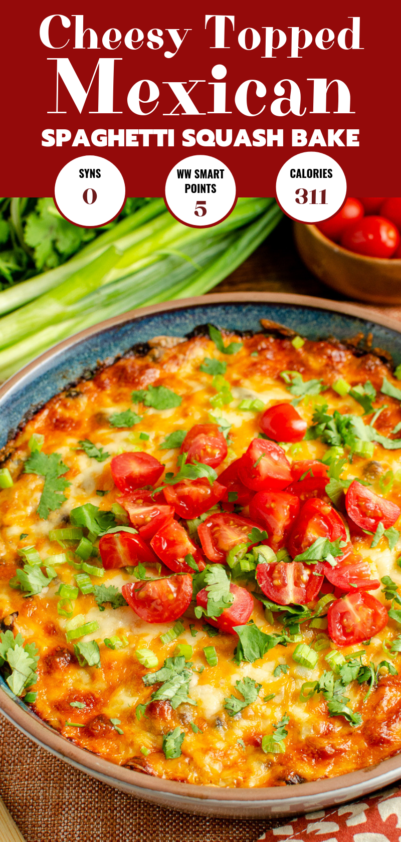 Mexican spaghetti squash bake in oven dish topped with tomatoes and coriander