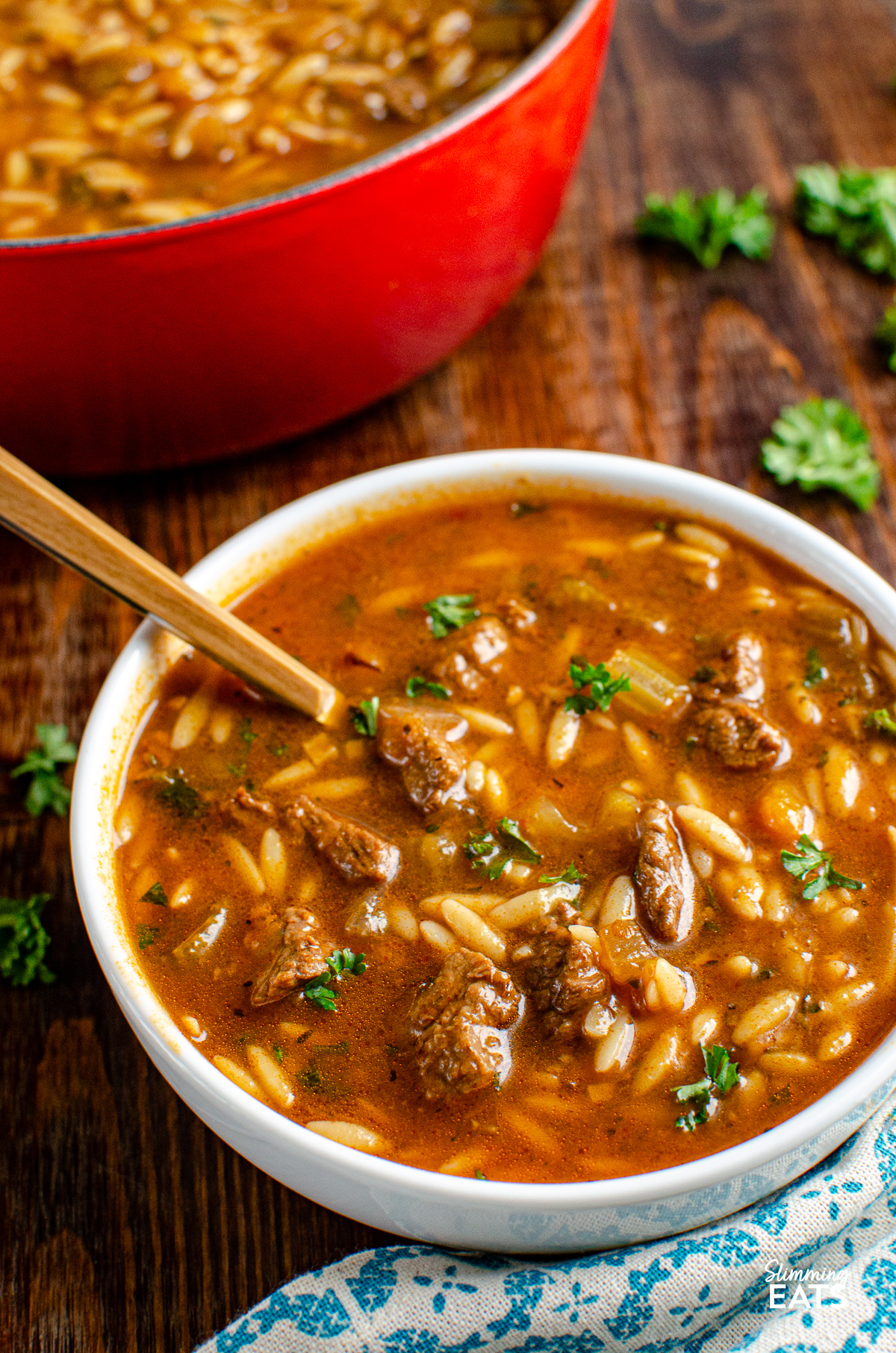 serving of beef orzo stew in white bowl with spoon
