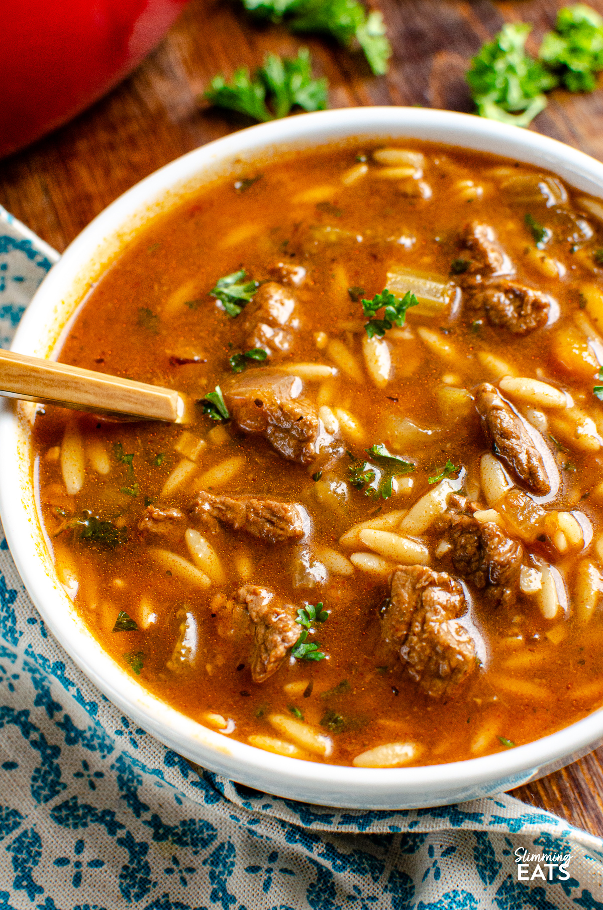 close up of serving of beef orzo stew in white bowl with spoon