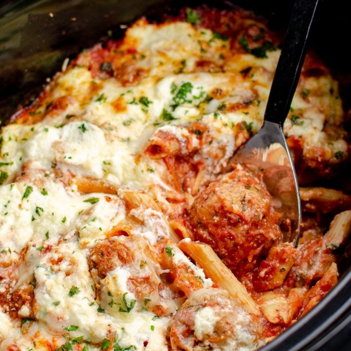 Slow Cooker Chicken Meatballs Pasta Bake