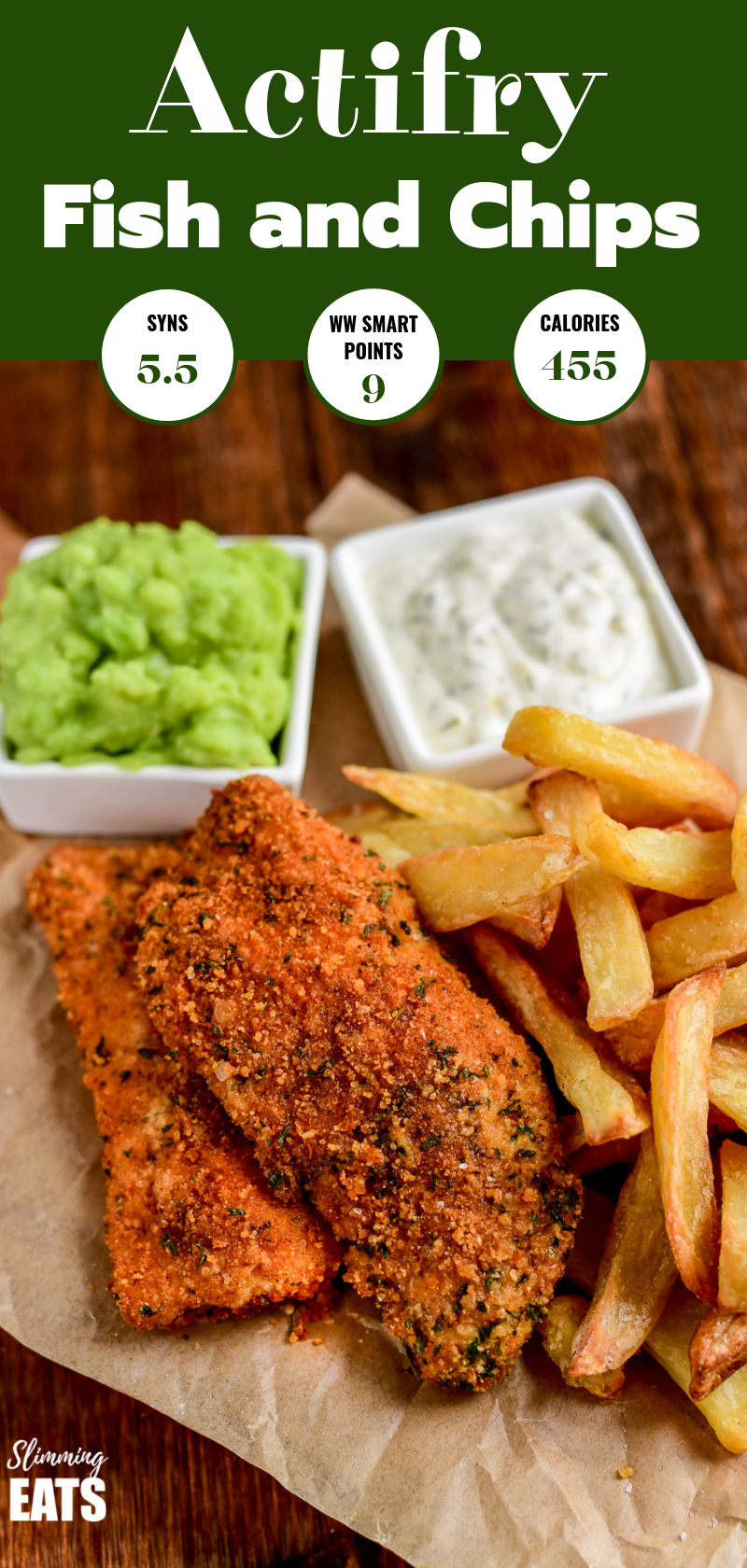 Tefal Actifry Fish and Chips - a healthier take on this classic British takeaway dish complete with tartare sauce. Slimming World and Weight Watchers friendly Actifry fish and chips on crinkle parchment paper Pin