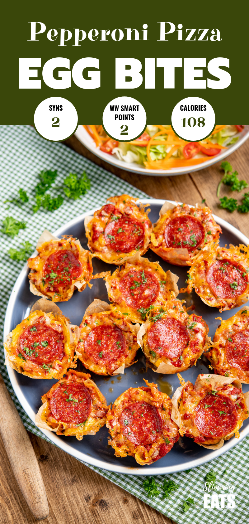 Pepperoni Pizza Egg Bites on a blue plate with green checked tea towel pin image