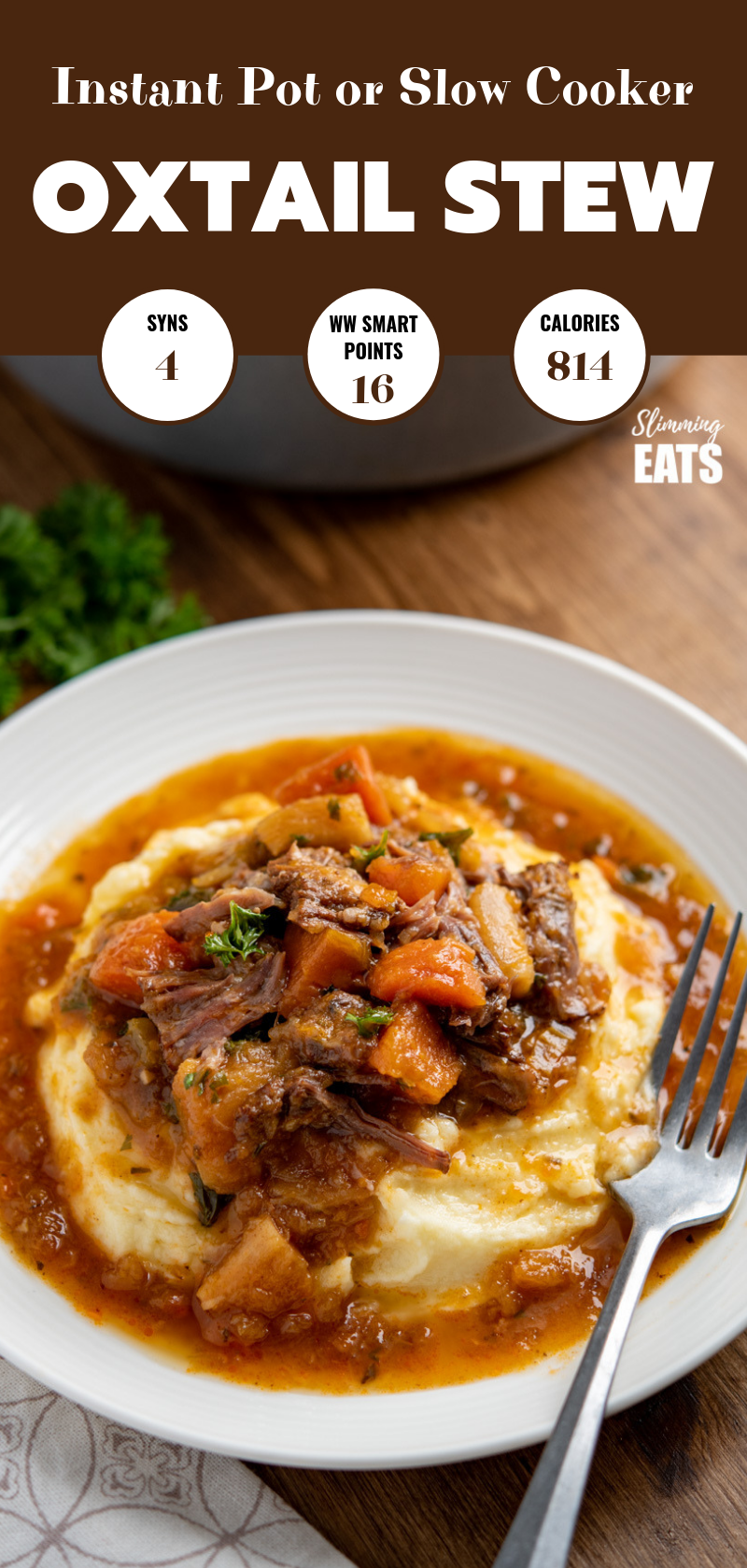 Hearty Oxtail Stew over mashed potatoes on white plate with fork pin image