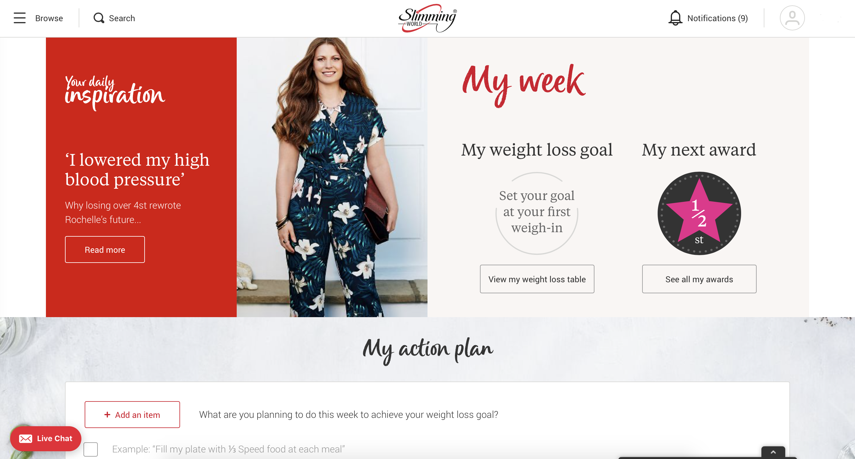 image of main page once logged into Slimming World