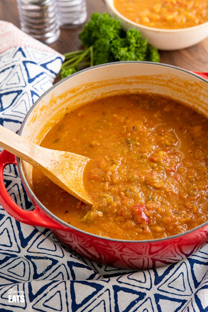 Easy Roasted Vegetable Soup - a delicious soup with amazing flavours from the natural sweetness of roasted peppers and tomatoes, and butternut squash. Slimming Eats and Weight Watchers friendly #glutenfree #dairyfree #vegetables #soup #whole30 #paleo #vegan pot of roasted vegetable soup
