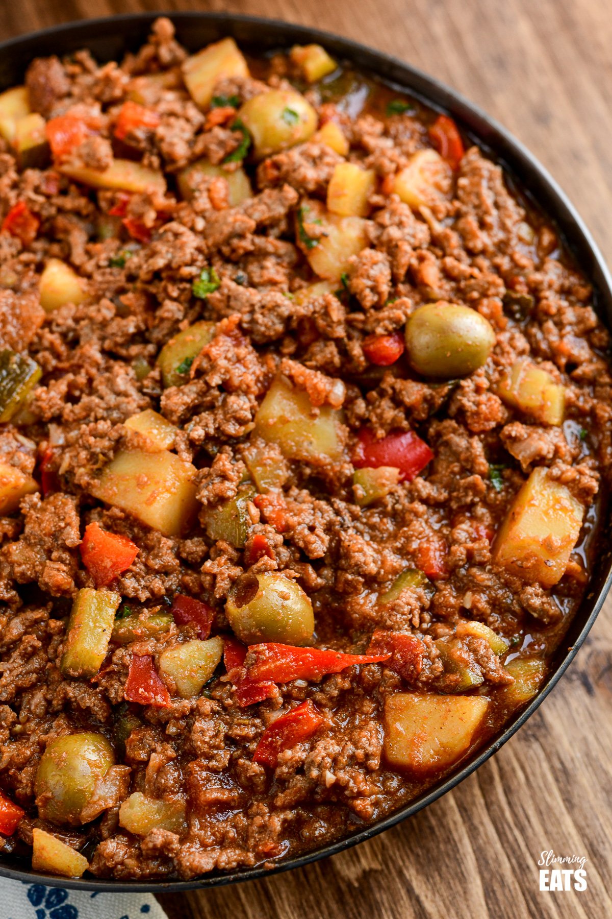 Cuban Beef Picadillo close up in frying pan