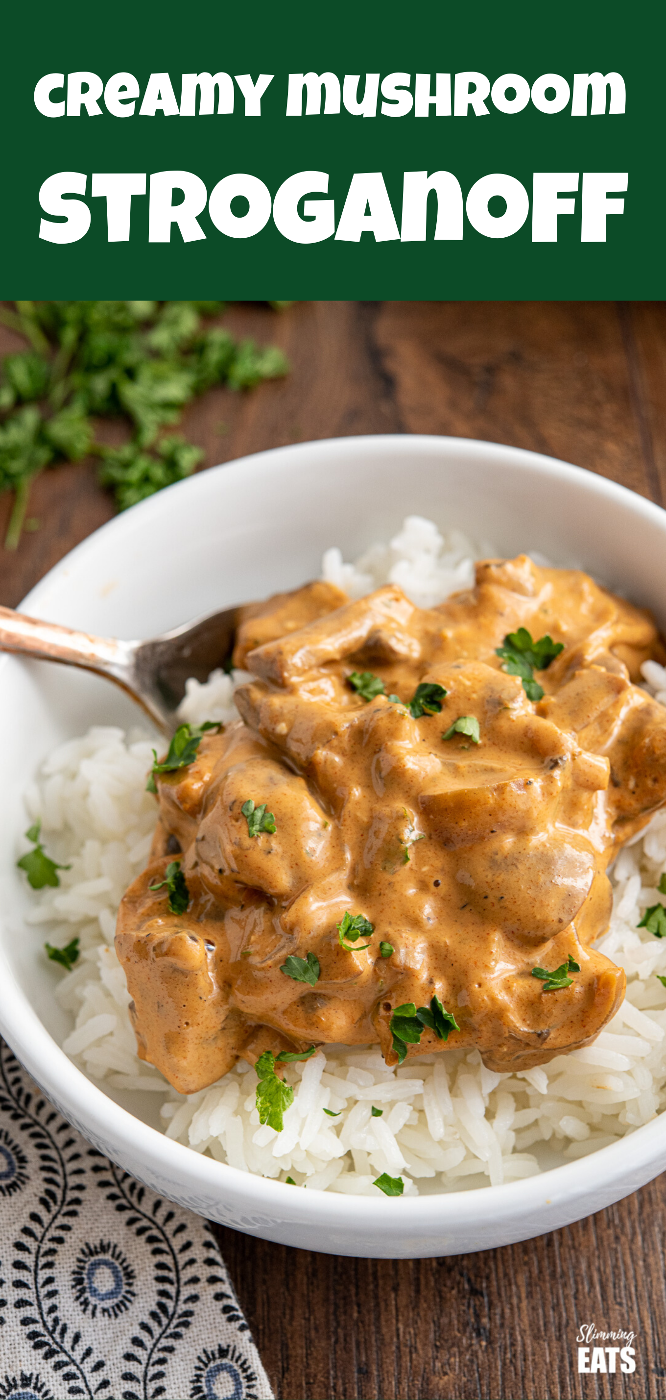Creamy Mushroom Stroganoff - flavoursome cremini (baby portobello mushrooms) in a delicious rich creamy stroganoff sauce. creamy mushroom stroganoff featured pin image