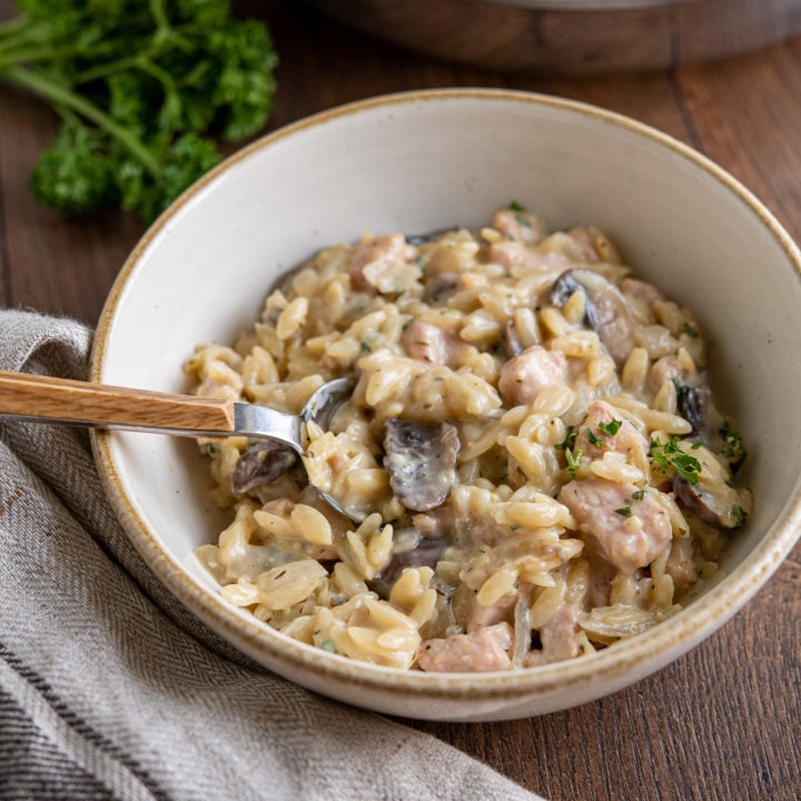 One Pot Creamy Ham Mushroom Orzo