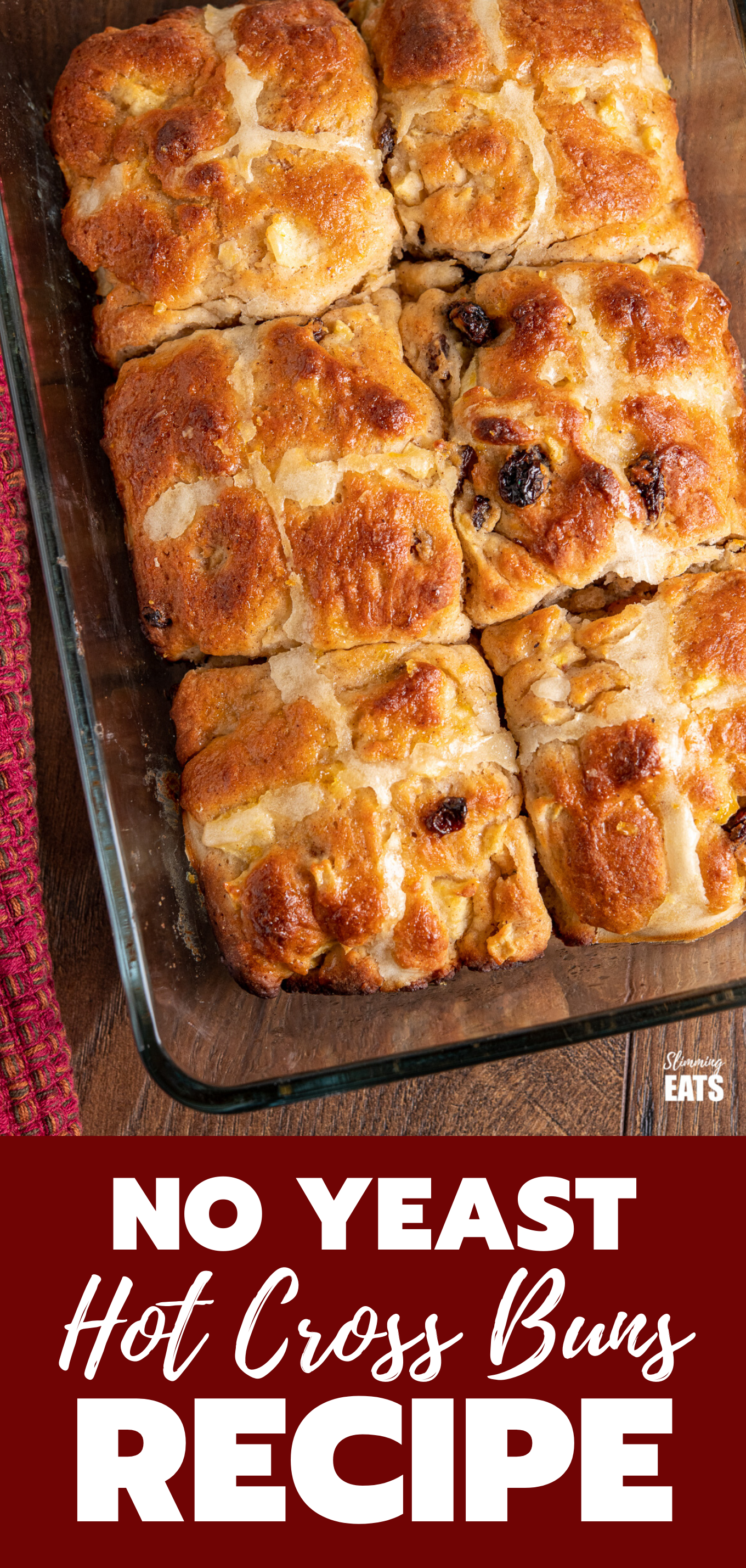 Hot Cross Buns - a slightly healthier version of this popular Easter time treat of sweet glazed buns delicately flavoured with cinnamon, mixed spice, raisins and apple. #slimmingworld #weightwatchers #dessert #cake hot cross buns featured Pinterest image