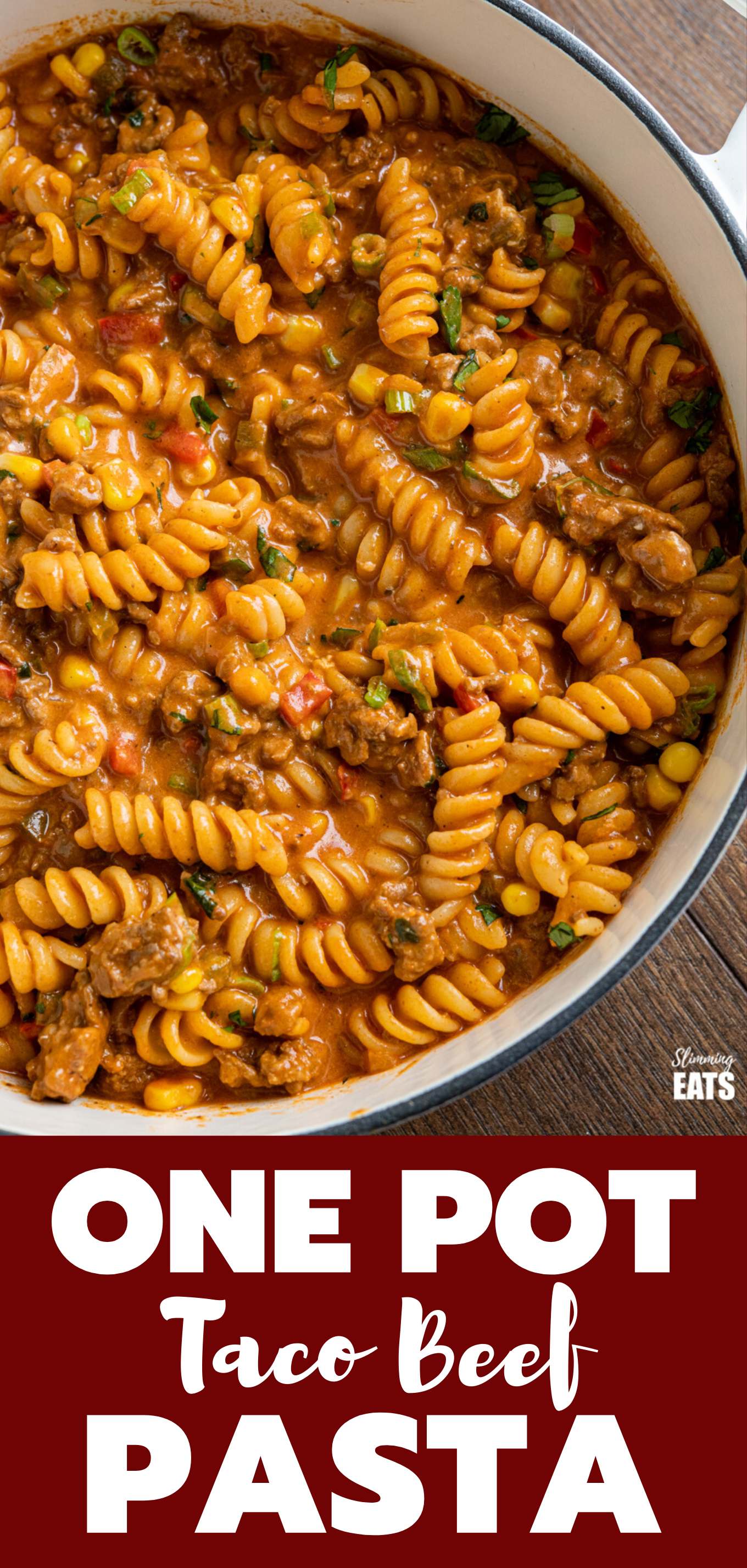 One Pot Taco Beef Pasta (from www.slimmingeats.com) - an easy yummy recipe that is cooked all in one pan. Cheesy spicy taco flavoured deliciousness!! #slimmingeats #weightwatchers #onepot #beef #pasta #taco One Pot Taco Beef Pasta featured pin image