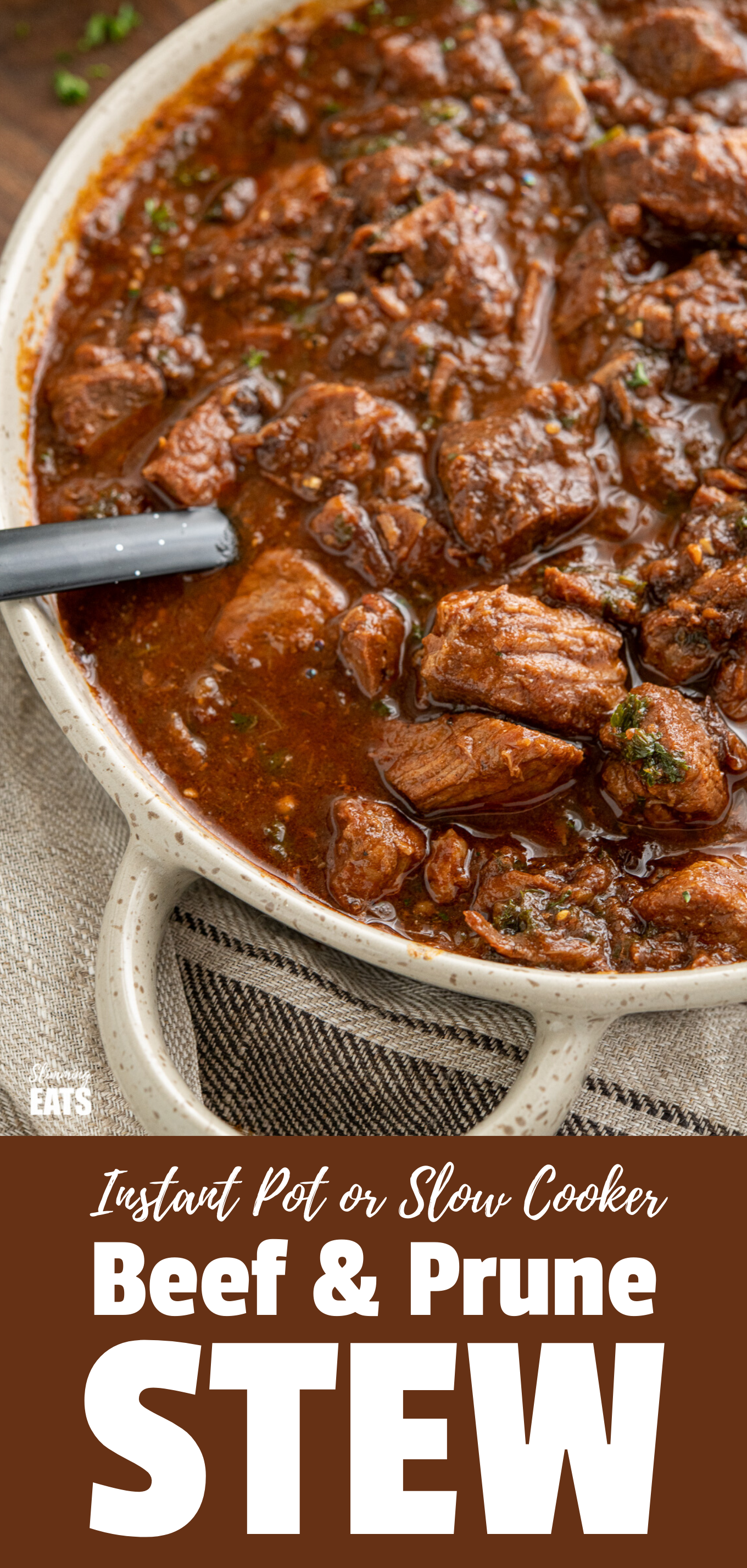 Beef and Prune Stew (recipe from www.slimmingeats.com - tender delicious fall apart chunks of stewing beef in a rich flavoursome gravy naturally sweetened with dried prunes. #beef #prunes #instantpot #slowcooker #weightwatchers #slimmingworld #paleo #Whole30 Beef and Prune Stew featured pin image
