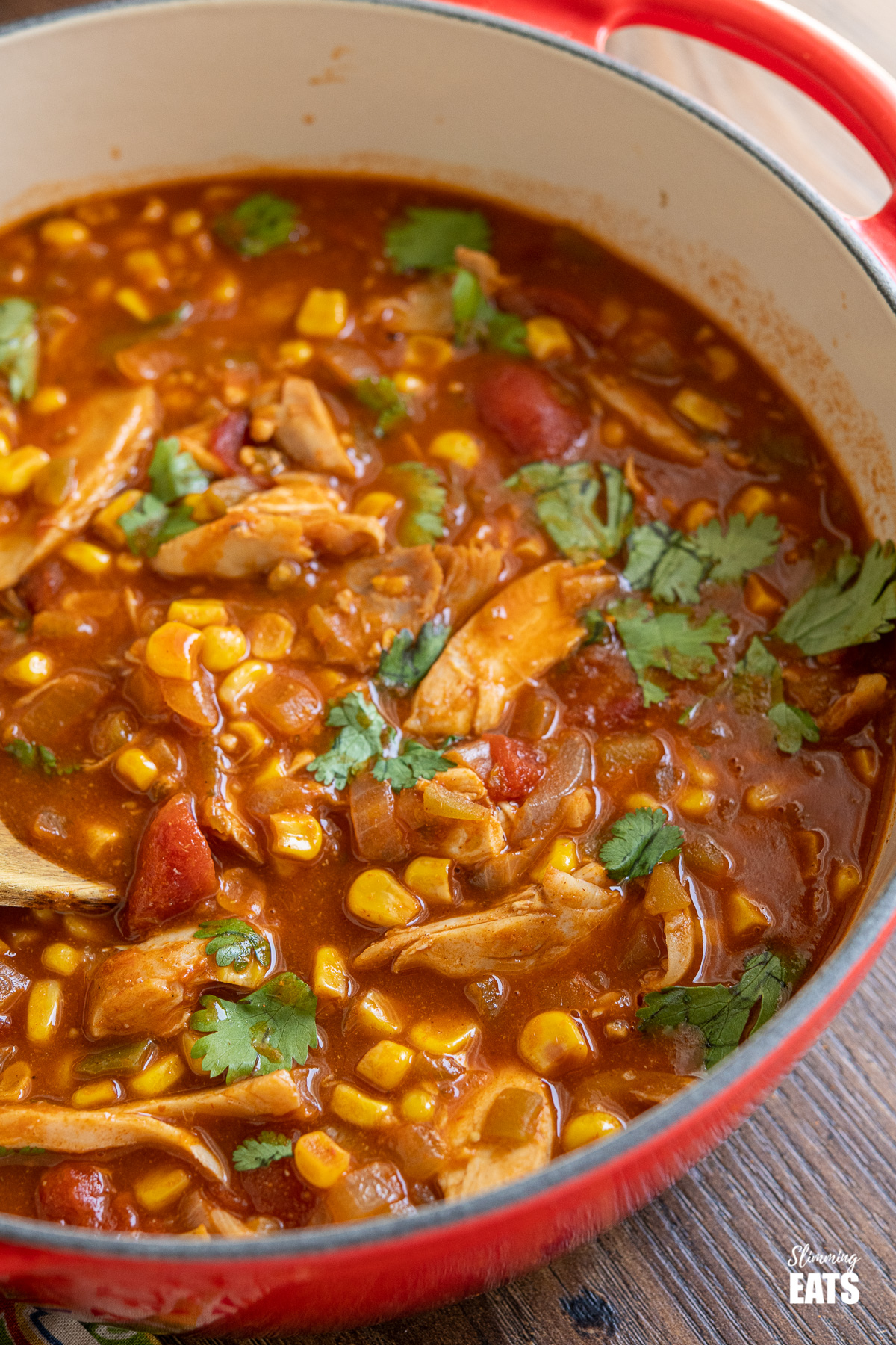 close up of Easy Chicken Tortilla Soup in cerise cast iron pot