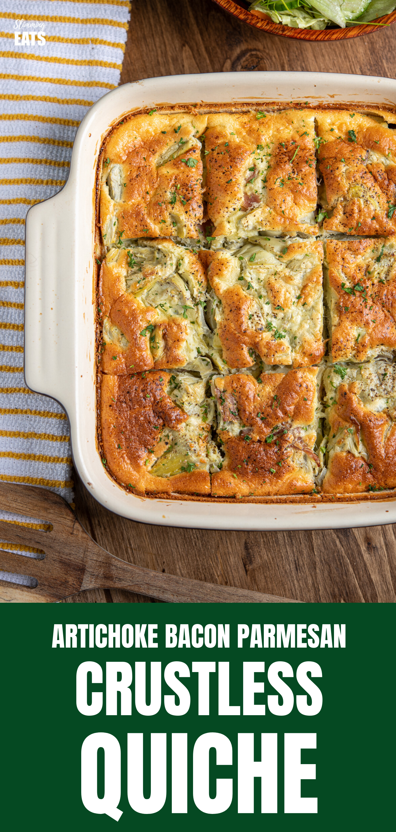 Artichoke Bacon Parmesan Crustless Quiche (from www.slimmingeats.com) - you will love the flavours of the bacon and artichoke in this delicious crustless quiche. A perfect recipe for lunches and picnics. Gluten Free, Slimming World and Weight Watchers friendly Artichoke Bacon Parmesan Crustless Quiche FEATURED PIN IMAGE