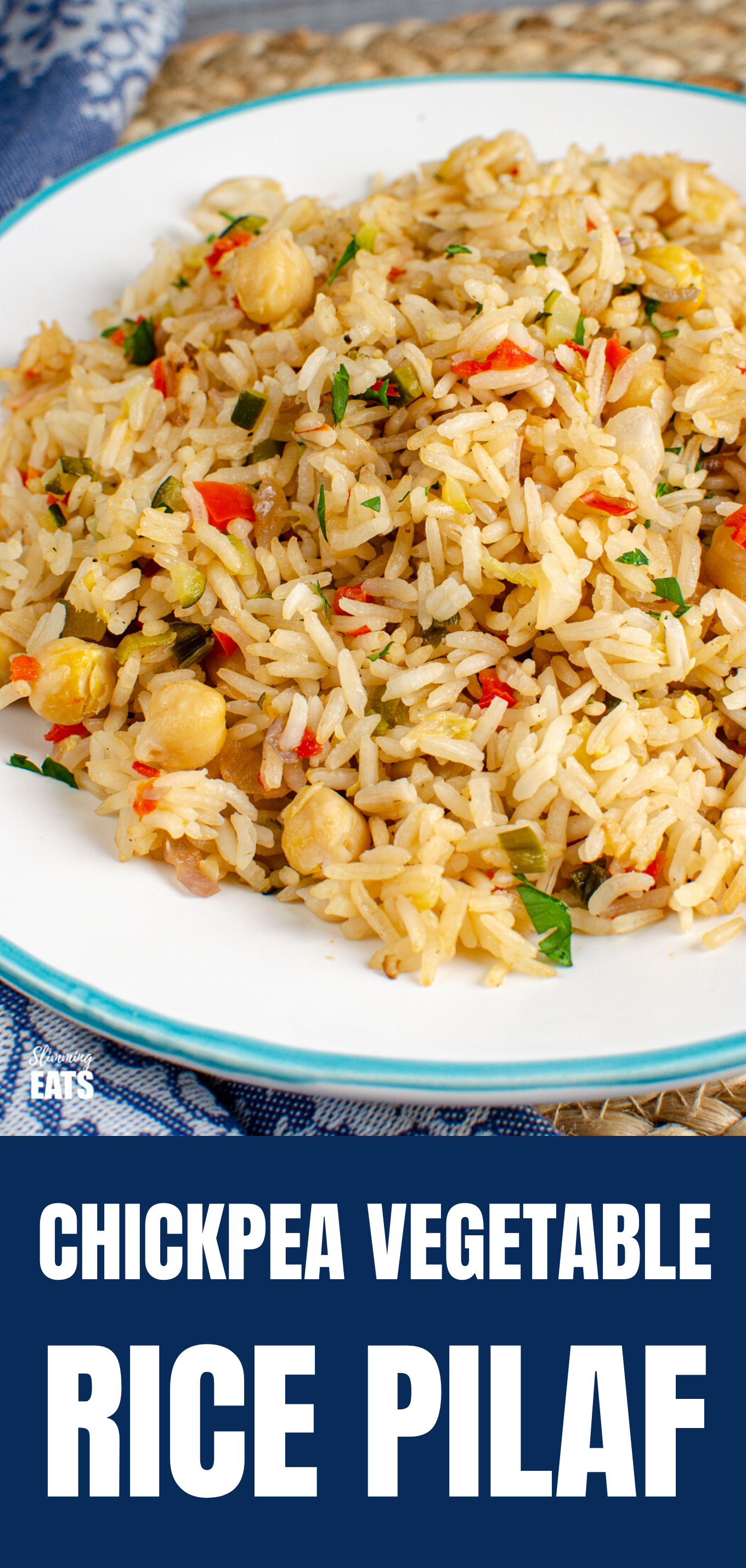 Chickpea Vegetable Rice Pilaf (from www.slimmngeats.com) - A perfect simple side dish for when you fancy something a bit more flavourful than plain steamed rice. #glutenfree #rice #dairyfree #pilaf #chickpeas #slimmingworld #weightwatchers Chickpea Vegetable Rice Pilaf PIN IMAGE
