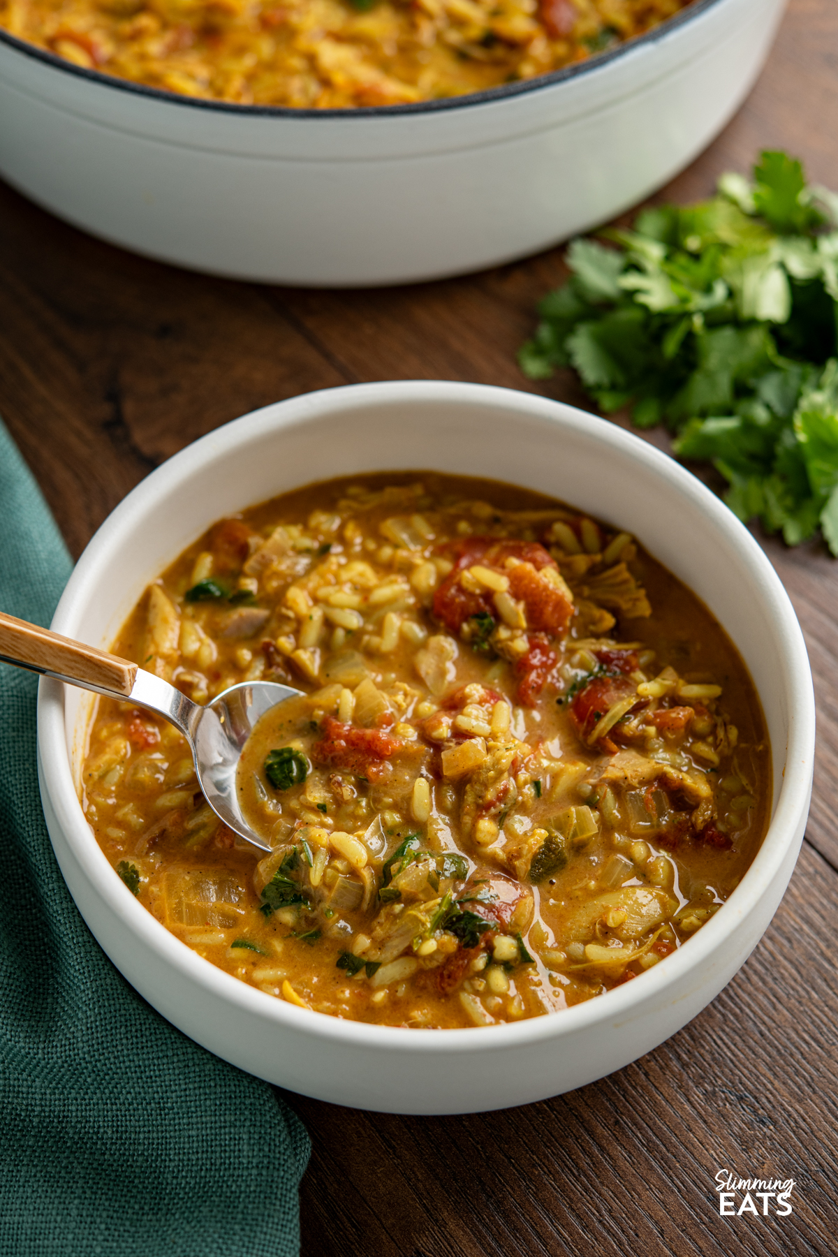 Coconut Chicken Rice Soup (from www.slimmingeats.com) - an easy to make filling bowl of soup that comes packed with flavour. You'll want to make this every week. #slimmingeats #weightwatchers #glutenfree #dairyfree #soup #chicken #rice Coconut Chicken Rice Soup in white bowl with wooden handle spoon