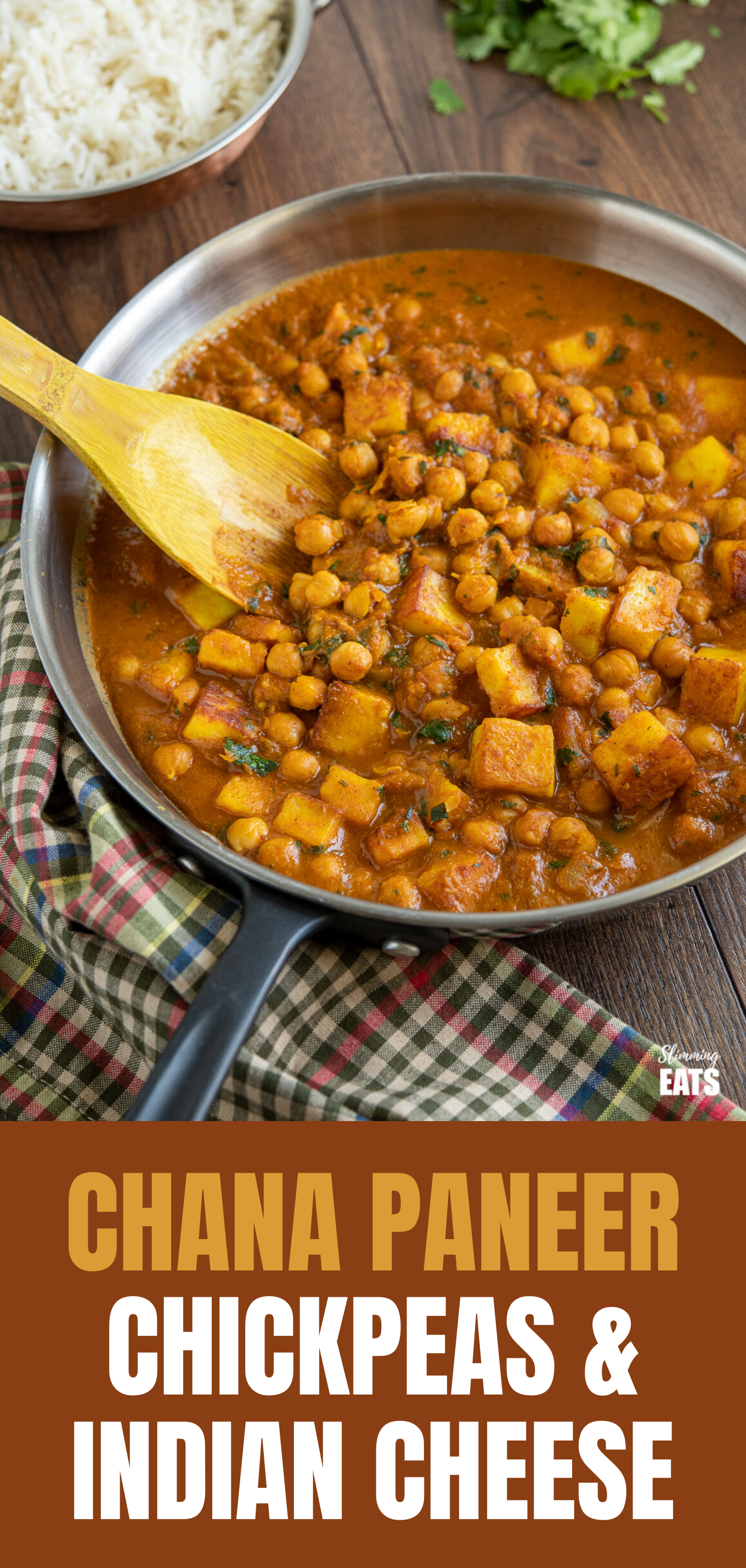 Chana Paneer (from www.slimmingeats.com)- A mixture of Chickpeas and cubes of Indian Paneer cheese with a blend of spices in a delicious flavoursome sauce. #paneer #Indian #chickpeas #vegetarian #slimmingeats #weightwatchers Chana Paneer in frying pan with black handle and wooden spoon featured pin image