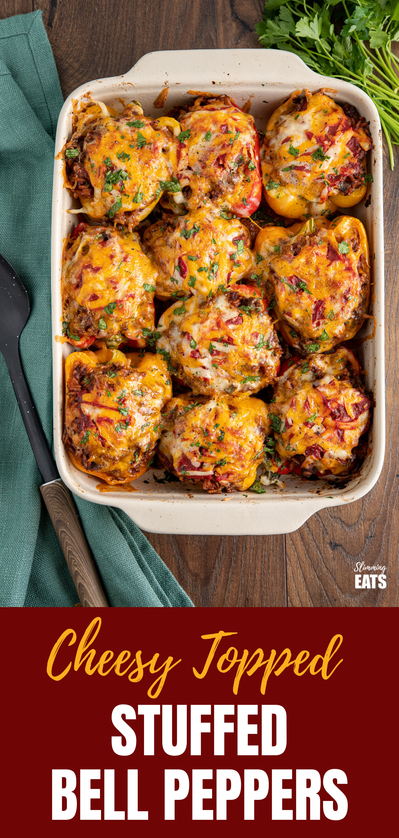 Stuffed Peppers - the ultimate stuffed peppers with ground beef (mince), rice and a delicious melted cheesy topping. An easy One Pot to Oven recipe. #peppers #beef #tomatoes #rice #stuffed #slimmingworld #weightwatchers #cheese cheesy topped stuffed peppers featured pin image