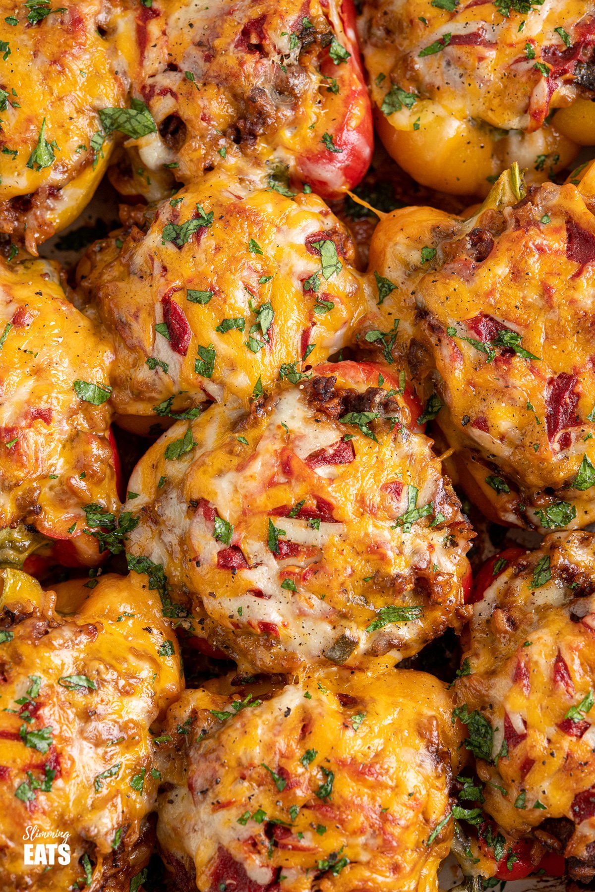 over the top view of stuffed peppers in a baking dish topped with melted cheese and chopped parsley