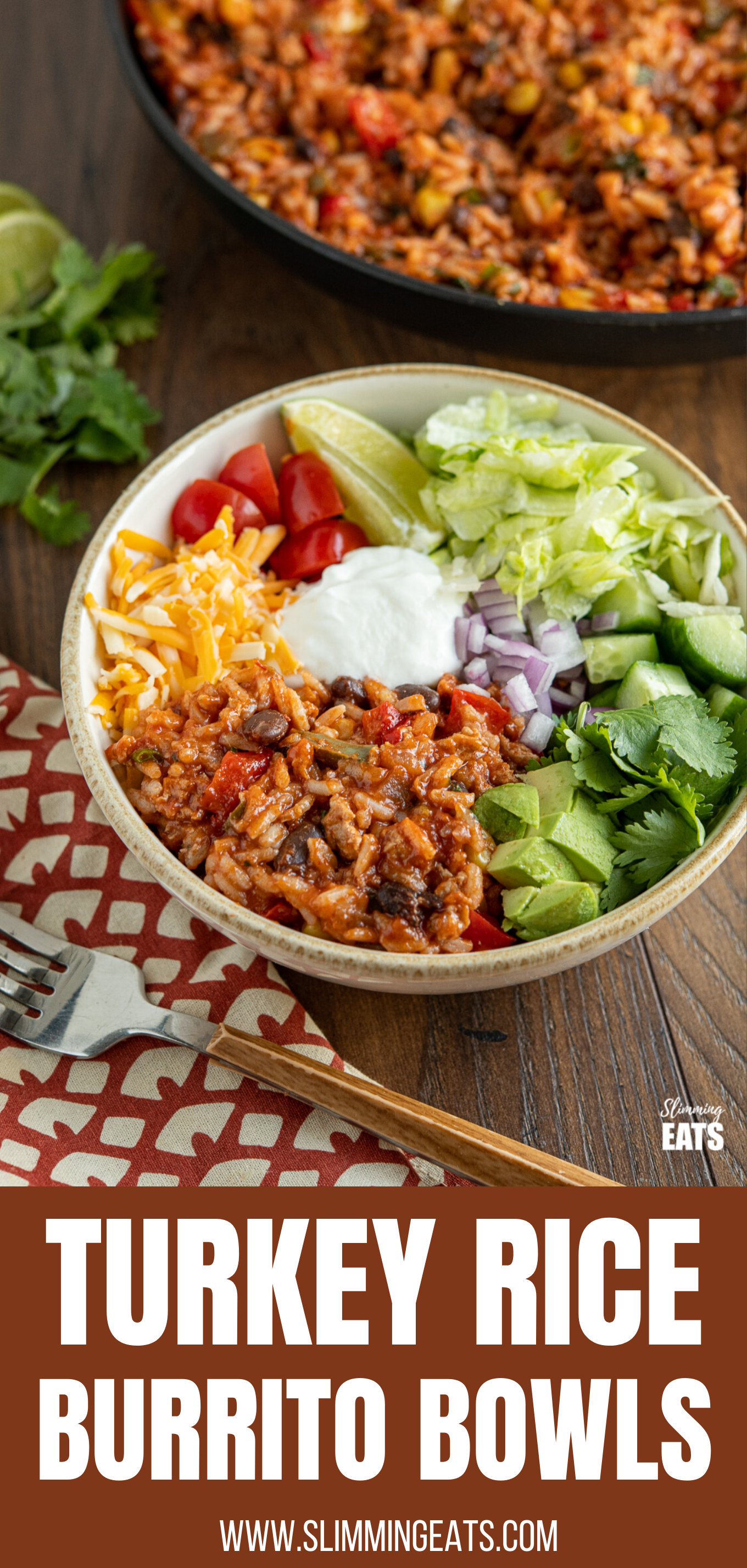 turkey rice burrito bowl with toppings featured pin image 