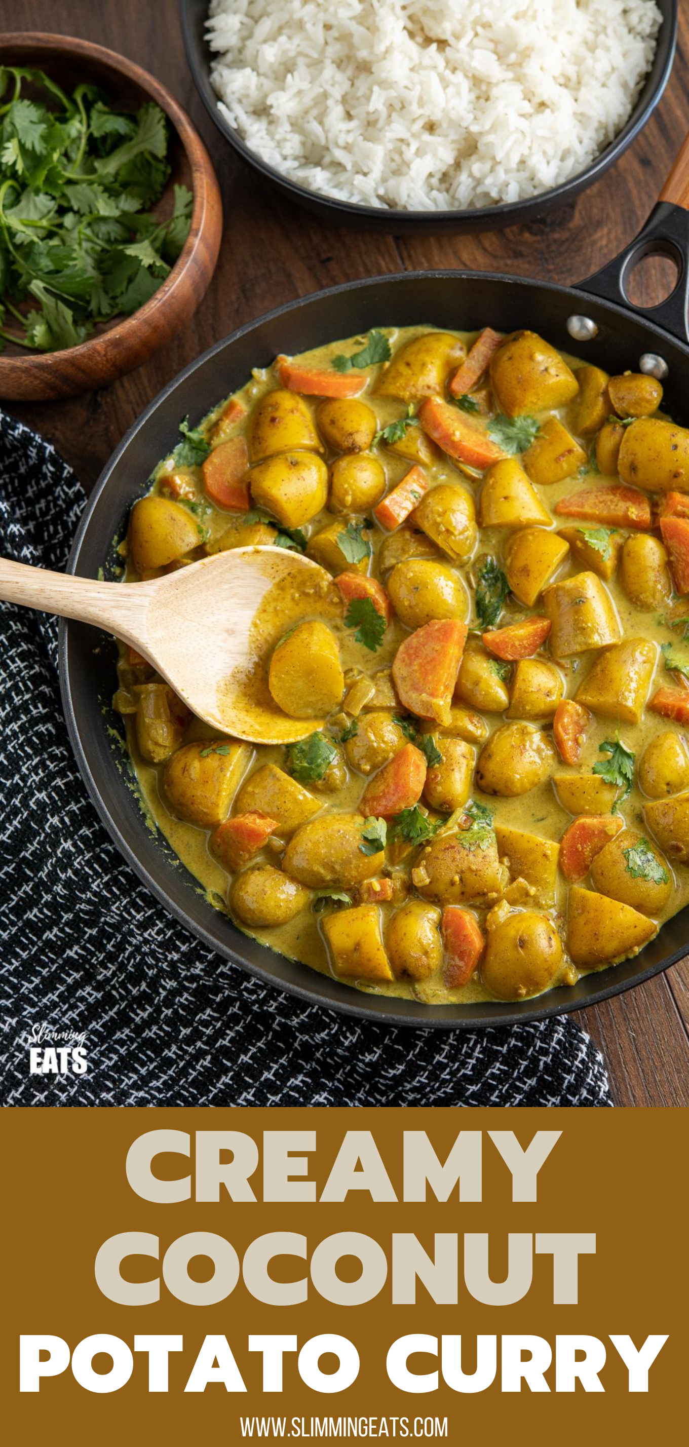 Creamy Coconut Potato Curry - a delicious vegetarian curry with baby potatoes, carrots and creamy coconut milk that the whole family will love. Gluten free, dairy free, vegetarian, vegan, Slimming Eats and Weight Watchers friendly CREAMY COCONUT POTATO CURRY IN FRYING PAN PIN IMAGE