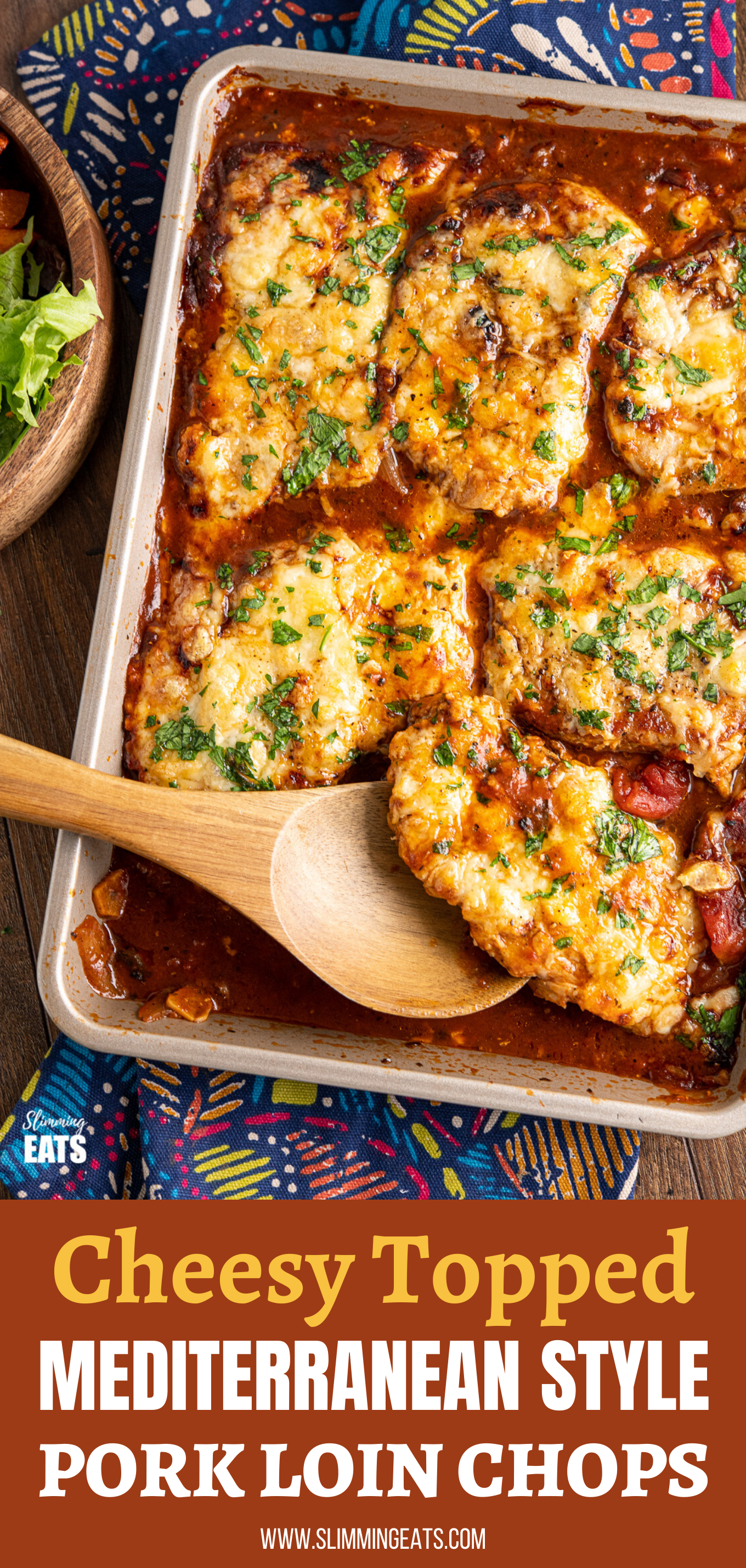Cheesy Topped Mediterranean Pork Loin Chops on baking tray with wooden spoon pin image