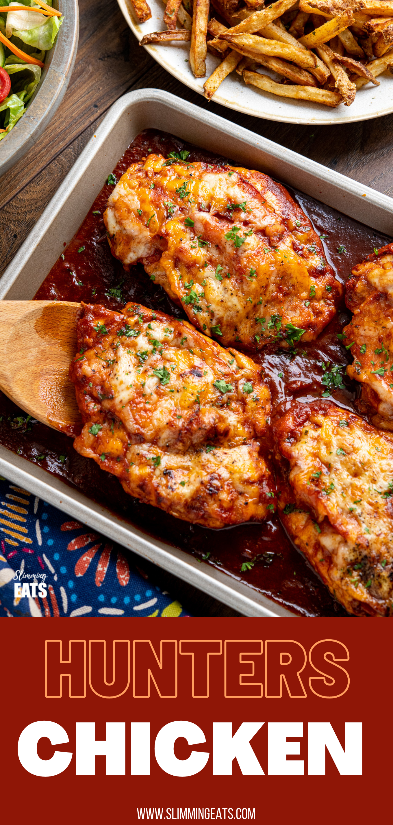 Hunters Chicken - tender chicken breasts in a delicious homemade barbecue sauce with slices of smoky bacon, all topped with cheese and baked until melted and golden. #chicken #barbecue #cheese #bacon #slimmingeats #weightwatchers #smartpoints Hunters chicken on baking tray with wooden spatula pin image