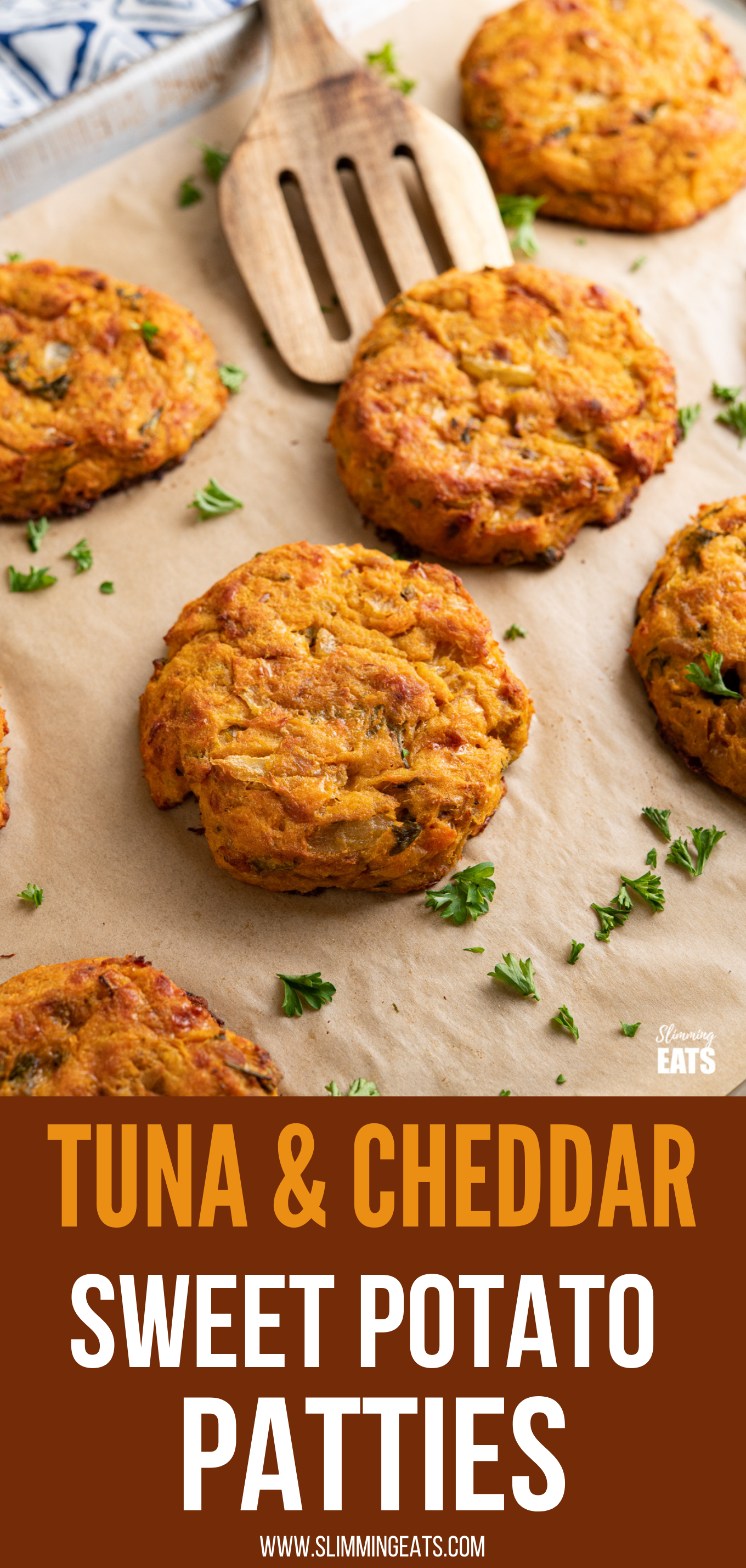 Tuna Sweet Potato Cheddar Patties on parchment lined baking tray pin image