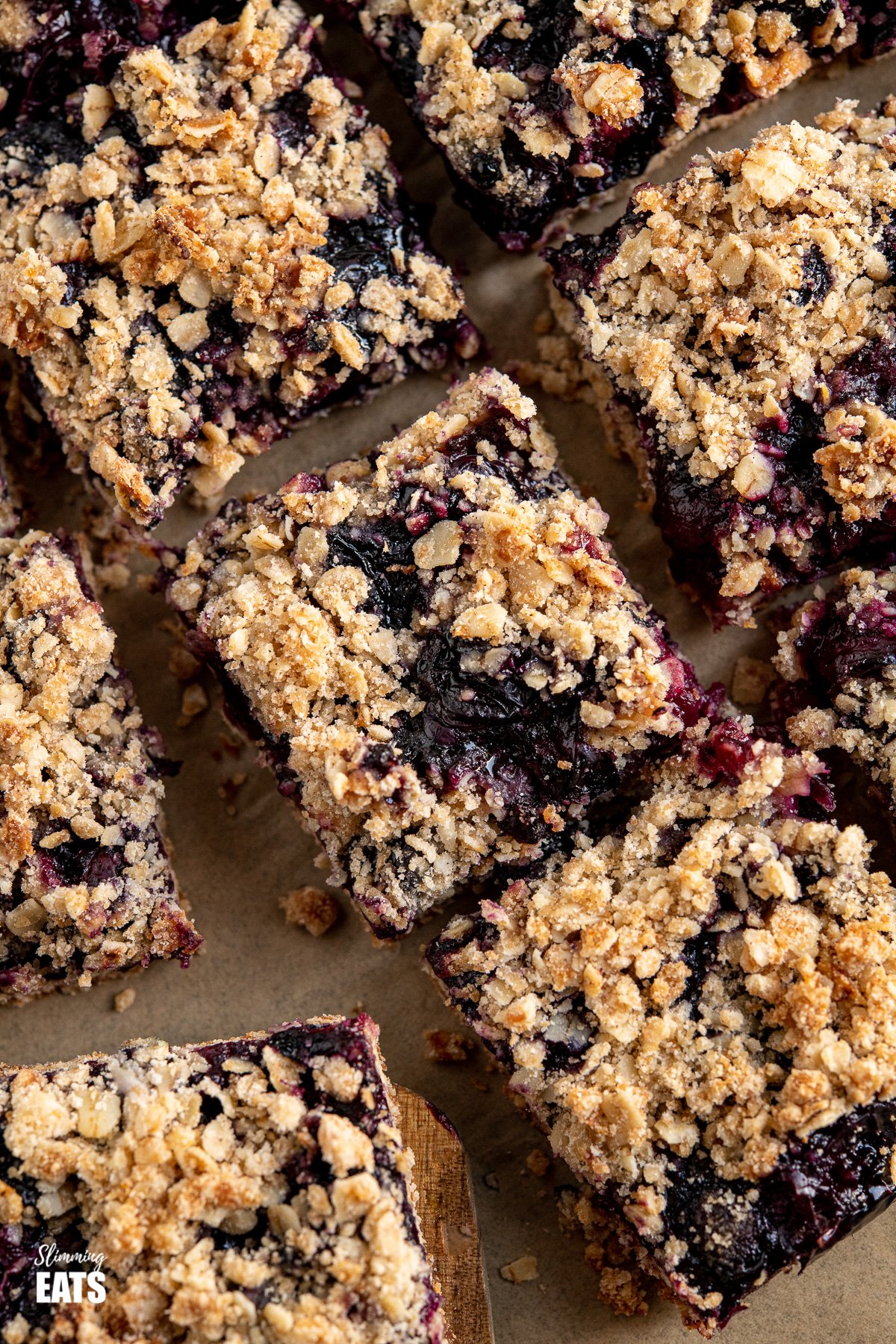 close up of sliced blueberry oat crumble bars