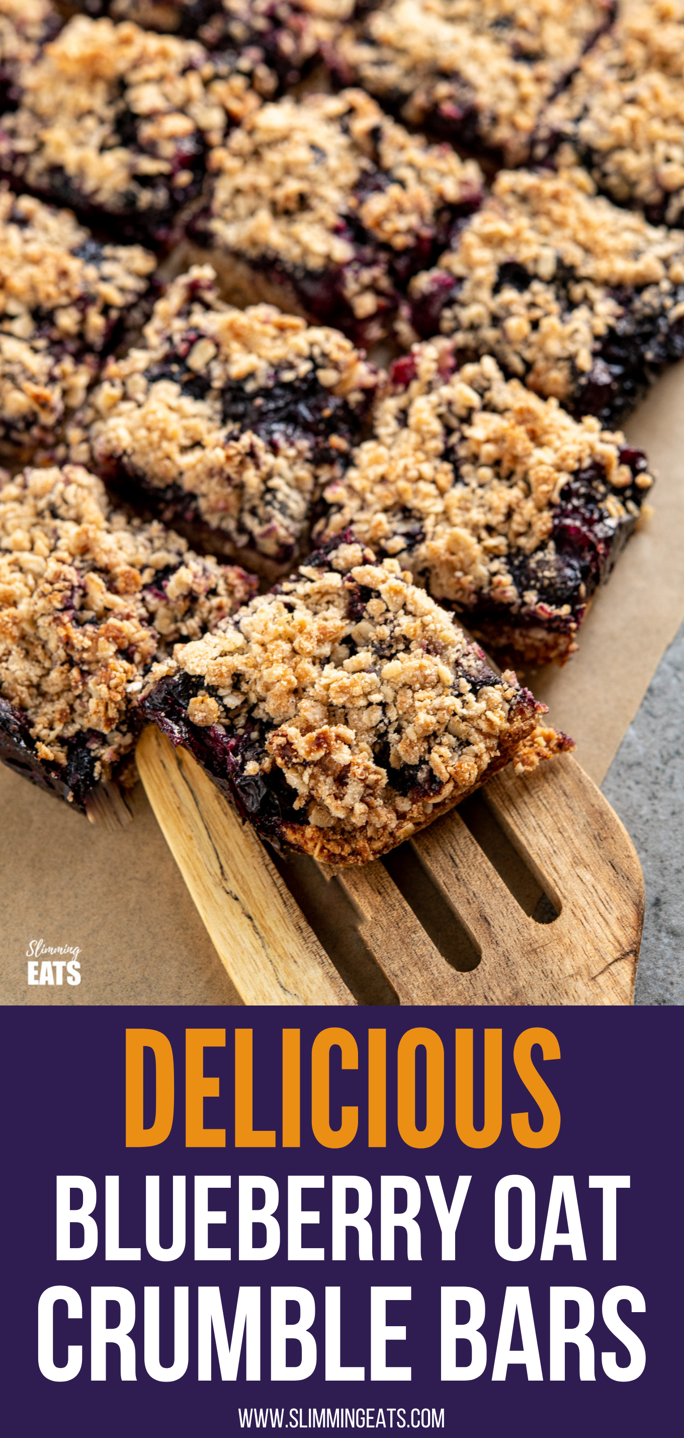 blueberry oat crumble bars on parchment paper, one place on a wooden spatula