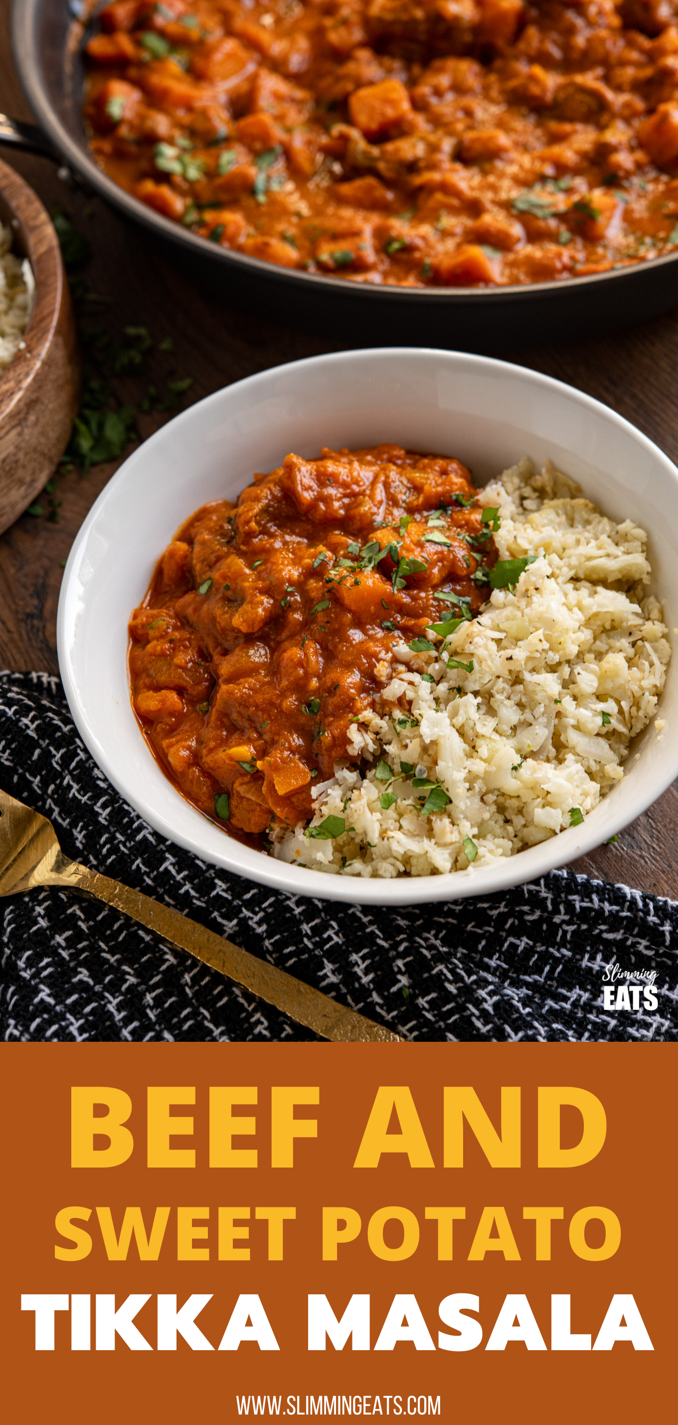 Beef and Sweet Potato Tikka Masala  with roasted cauliflower rice in white bowl with pan in background and gold fork in front pin 