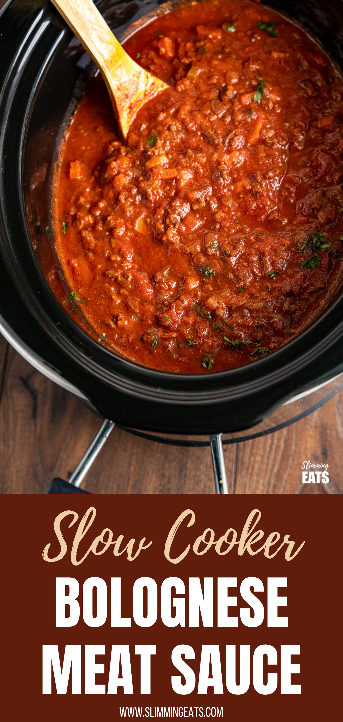Slow Cooker Bolognese Sauce in slow cooker with wooden spoon pin image