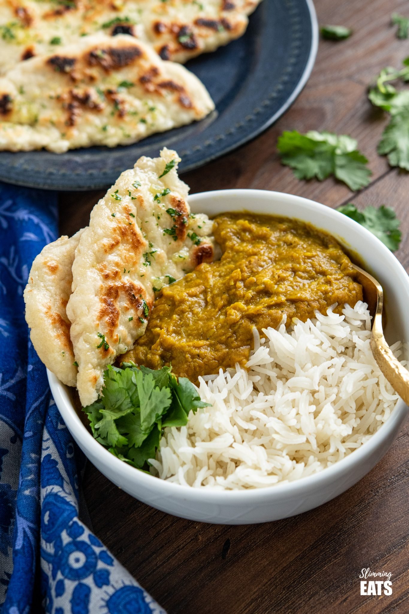 Garlic Greek Yoghurt Naan Bread - a basic dough using just a couple of ingredients to make the most delicious healthier buttery naan breads to accompany a variety of dishes for your Indian Fakeaway night. Vegetarian, Slimming Eats and Weight Watchers friendly Garlic Greek Yoghurt Naan Bread in white bowl with dhal and rice