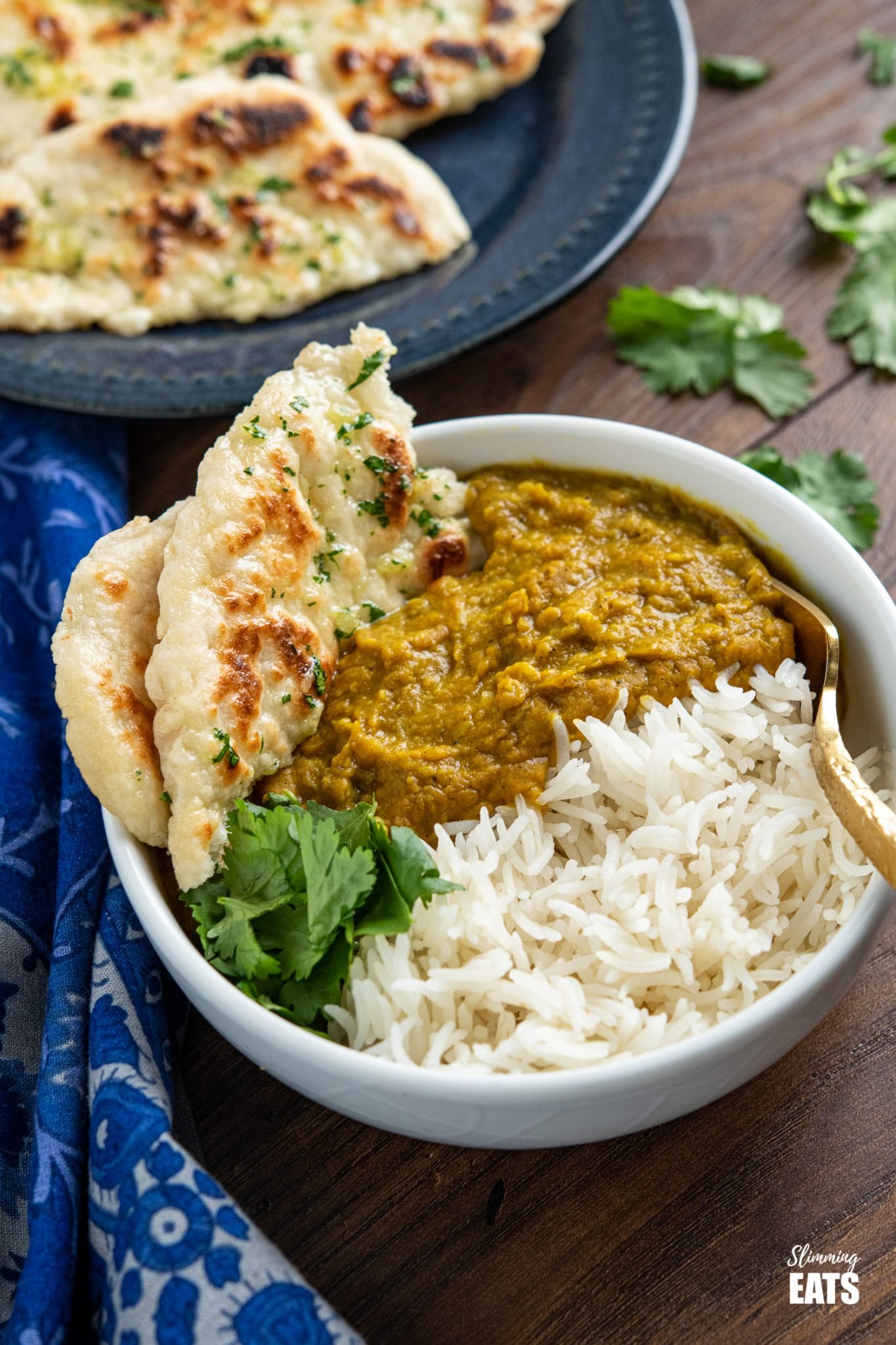 Garlic Greek Yoghurt Naan Bread in white bowl with dhal and rice