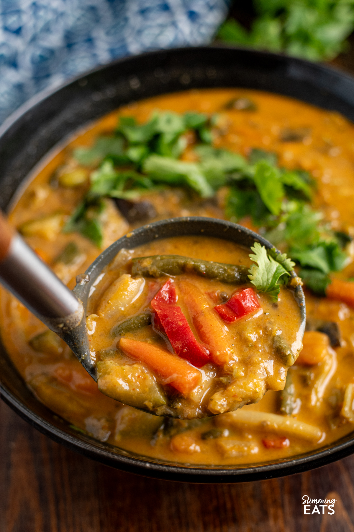 wooden handles landle spooning up Thai Vegetable Soup from a black bowl