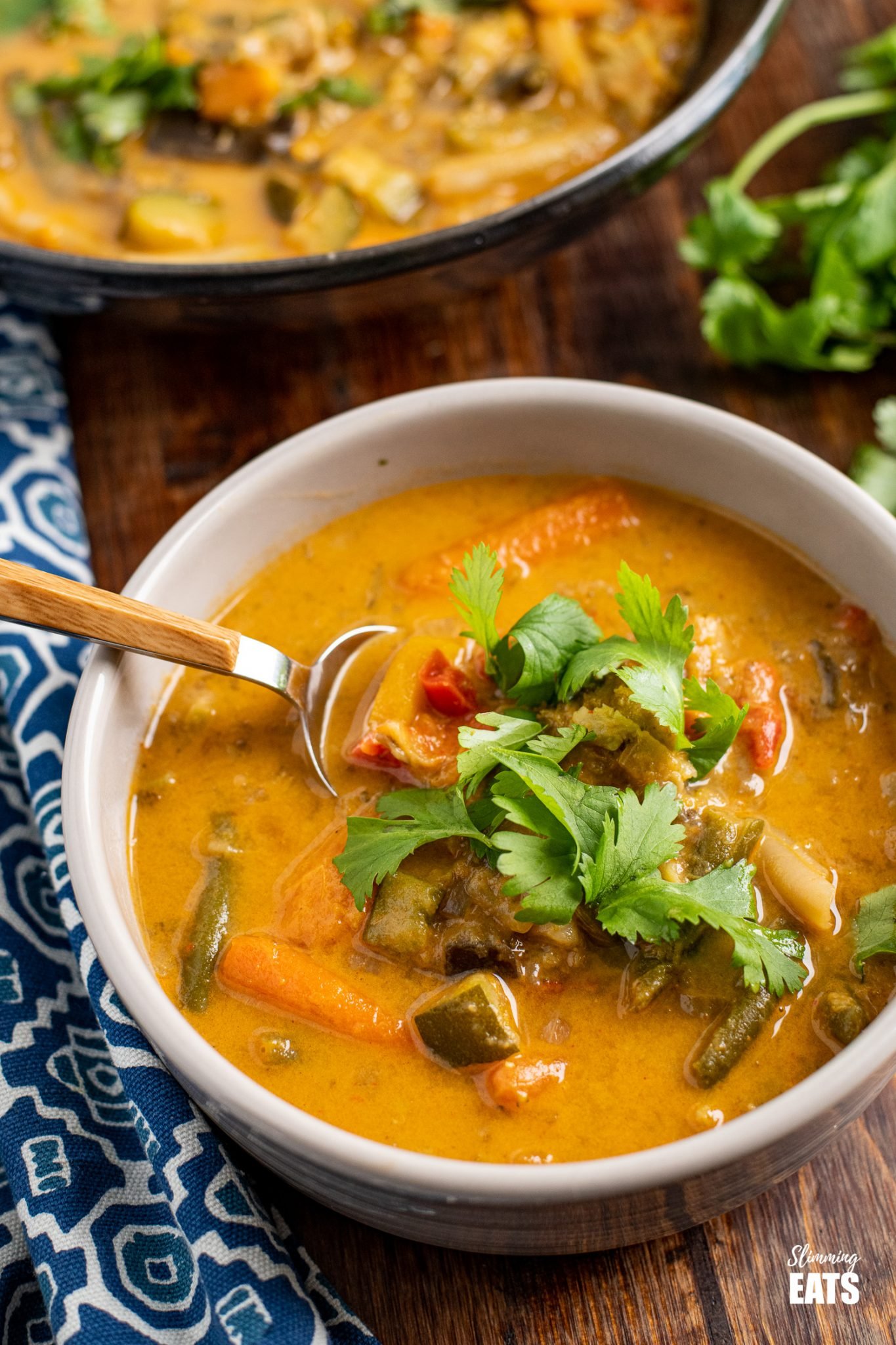 Thai Vegetable Soup topped with coriander in a light grey bowl