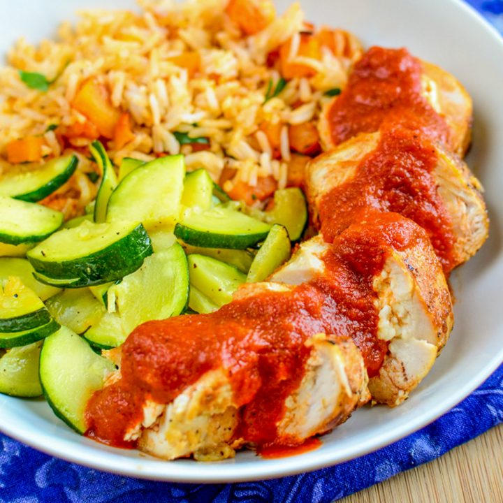 Feta Stuffed Chicken with Roasted Red Pepper Sauce