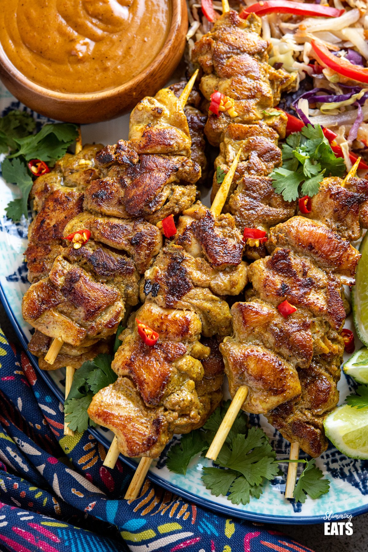 close up of Chicken Satay with Peanut Sauce on oval patterned plate 